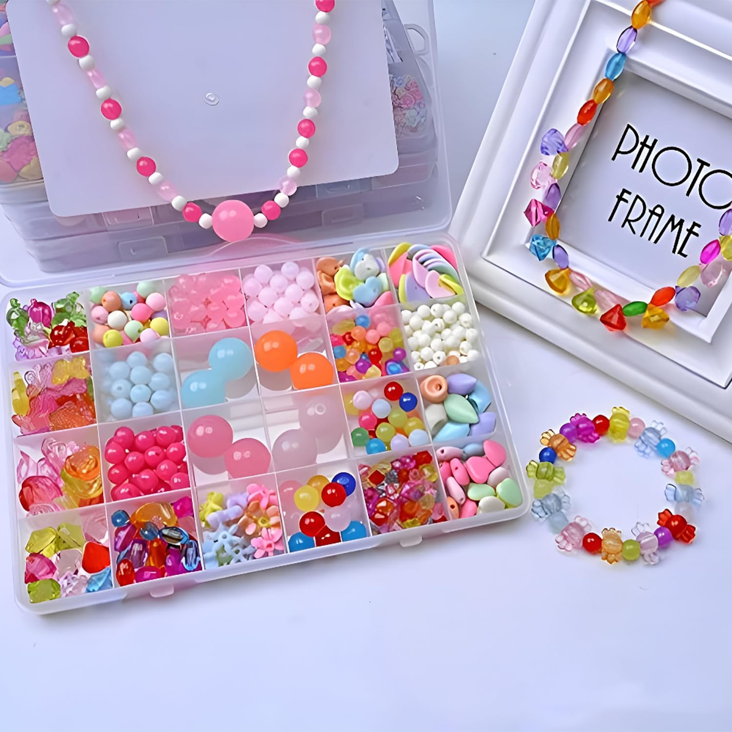 SYGA Plastic Beads for Kids Crafts Children's Jewelry Making Kit DIY Bracelets Necklace Hairband and Rings Craft Kits Birthday for 4, 5, 6, 7-Year-Old Little Girls(DIYBeadsSet-10) Multicolor