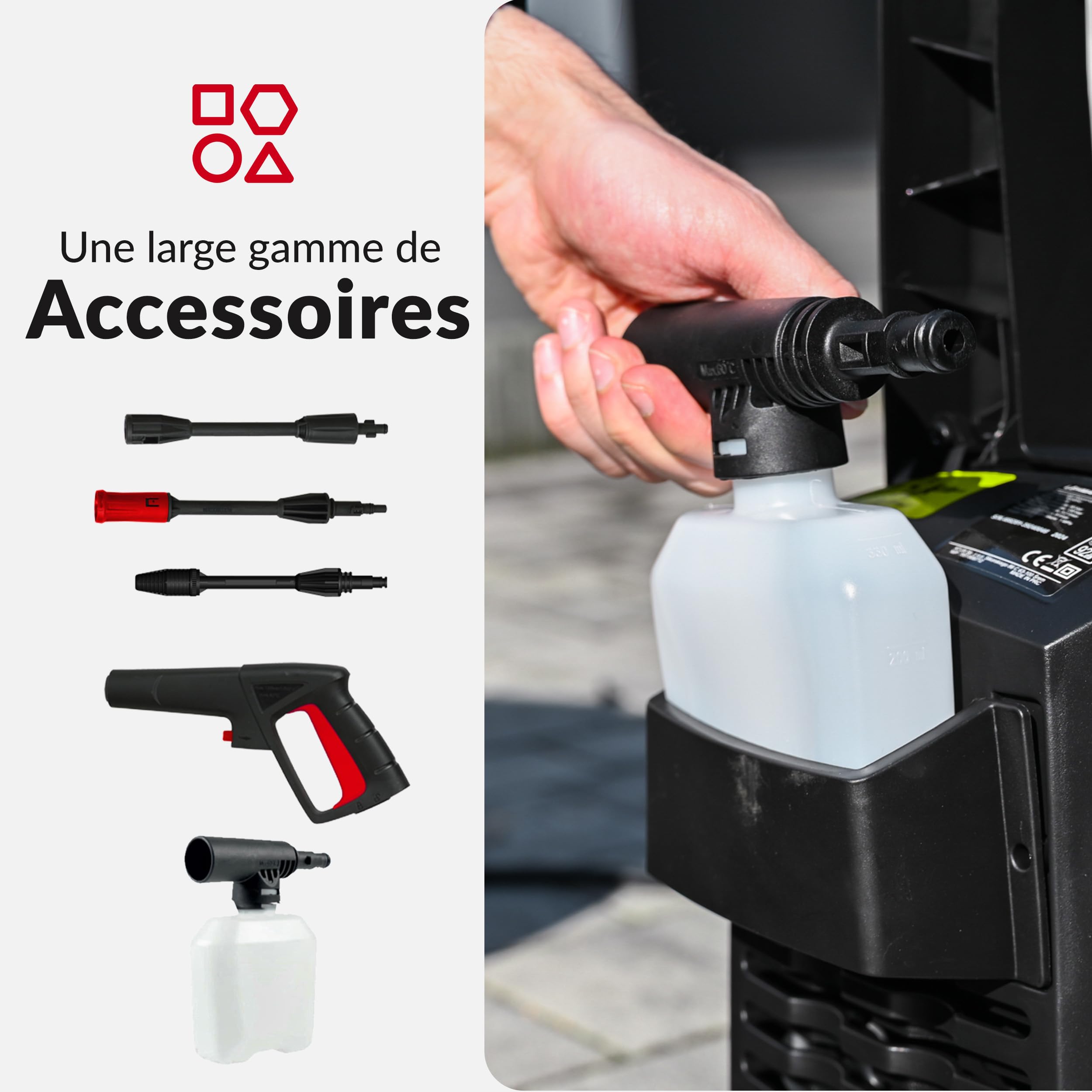 LEHMANN Nettoyeur Haute Pression Jukon, 1600W, Max. 200 Bar, Débit 480 l/h, Tuyau 5m, Pompe Aluminium, Filtre à Eau, Kit D'accessoires - Buse Turbo, Canon à Mousse, Brosse pour Terrasse et Voiture