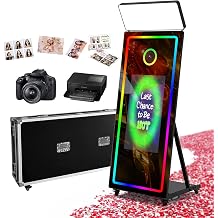 65'' Magic Mirror Photo Booth with 32'' Touch Screen, Mirror Photo Booth with Camera and Printer, Square Fill & LED Light, Instant Sharing & Branded Flight Case for Wedding, Party & Event-Black