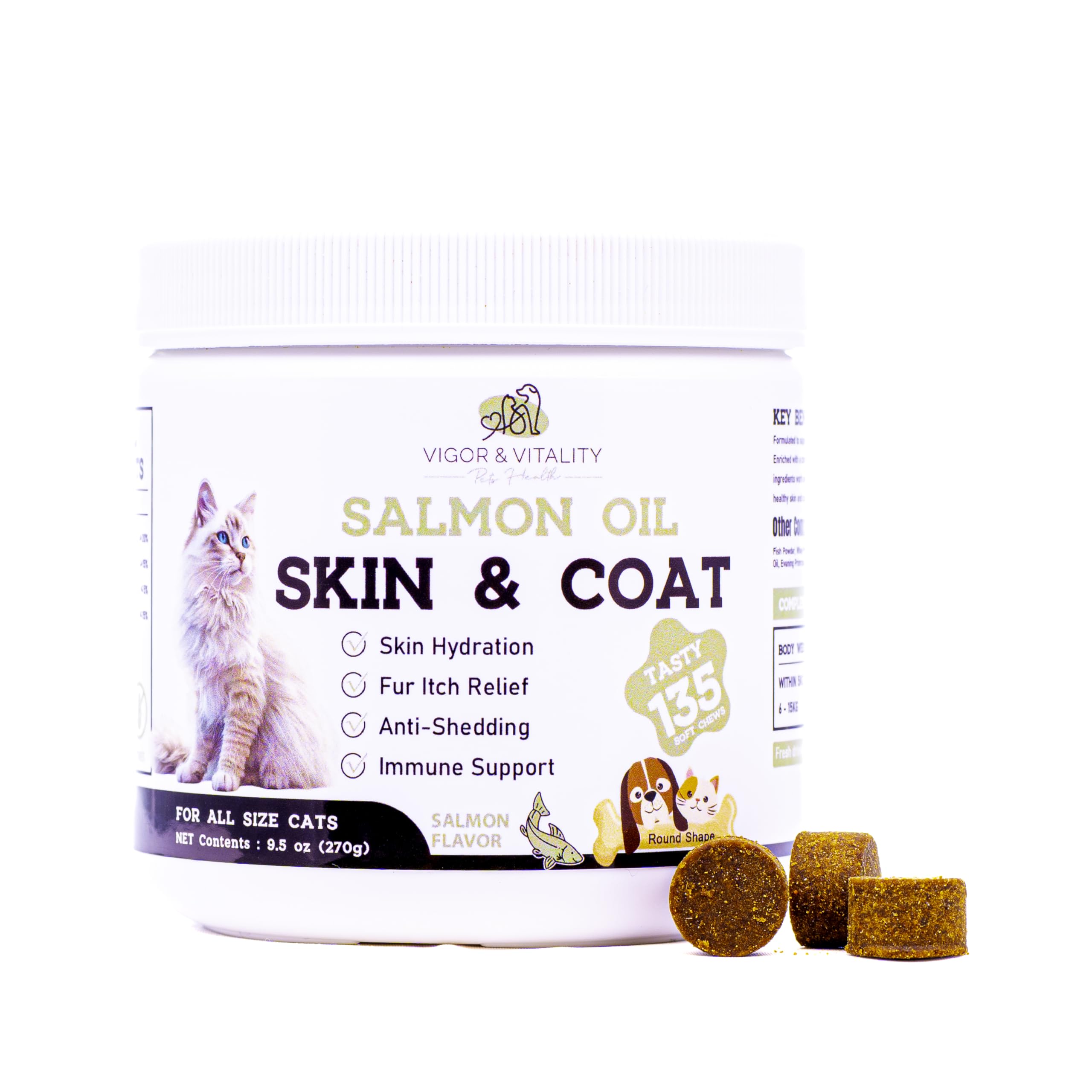 Vigor & Vitality Pets Health Salmon Oil Skin & Coat Care Cat Supplements, Chews, Treats with Omega 3, 6, 9,135 Chews (Salmon Flavour)