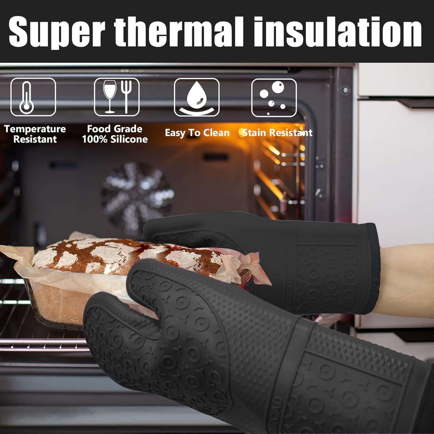 Guantes de horno de silicona con almohadillas calientes resistentes al calor y juego de cinco espátulas diseñados para cocina, hornear, cocinar, forro de algodón suave, impermeable, sin BPA (negro,