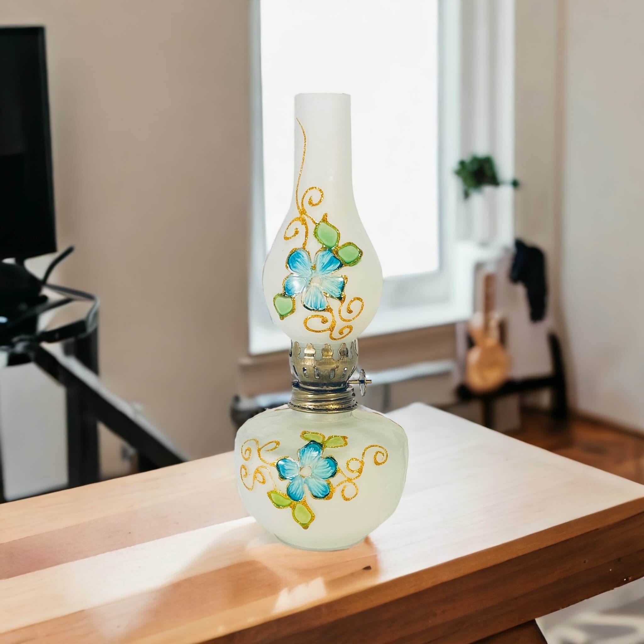 Hand Blown Glass, Turquoise Hand Painted Opaque Finish Oil Lamp 8.5