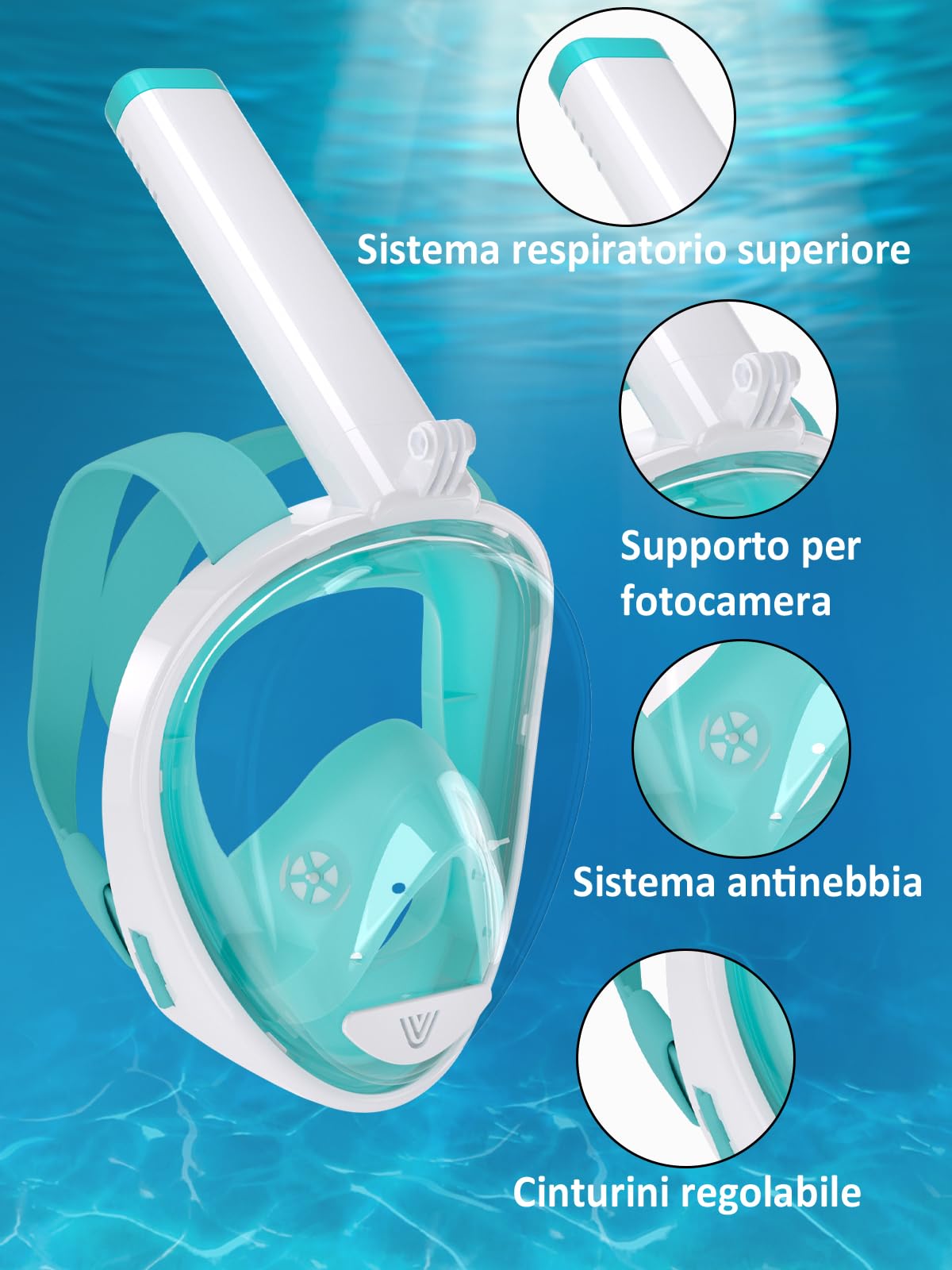 Vitare Maschera da Snorkeling per Adulti e Bambini, Maschera Subacquea Integrale Tecnologia Antiappannamento, Maschera da Mare con Supporto per Fotocamera, Maschera da Sub per Immersioni
