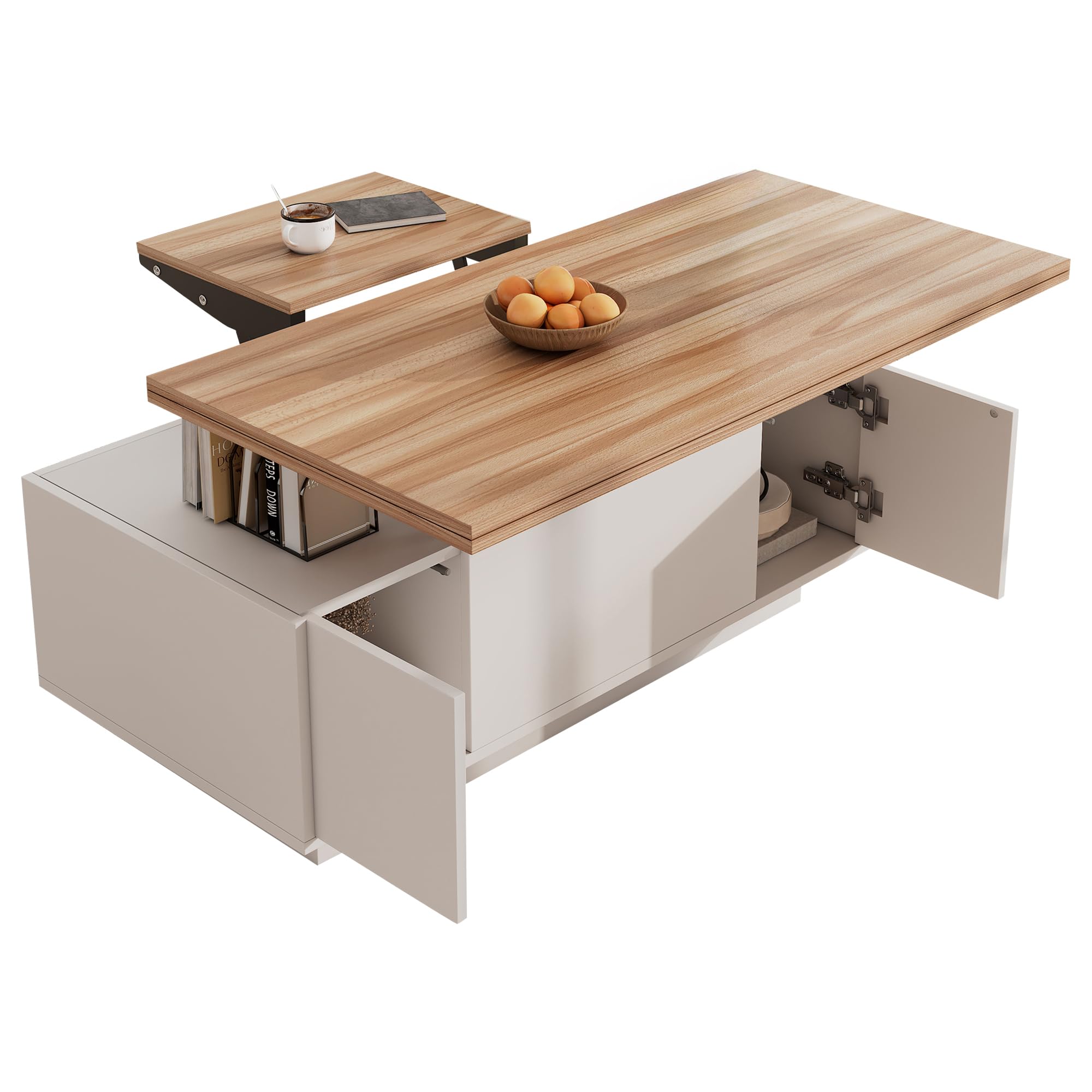 Mesa baja moderna con mecanismo de doble elevación y almacenamiento oculto, soporta hasta 50 kg