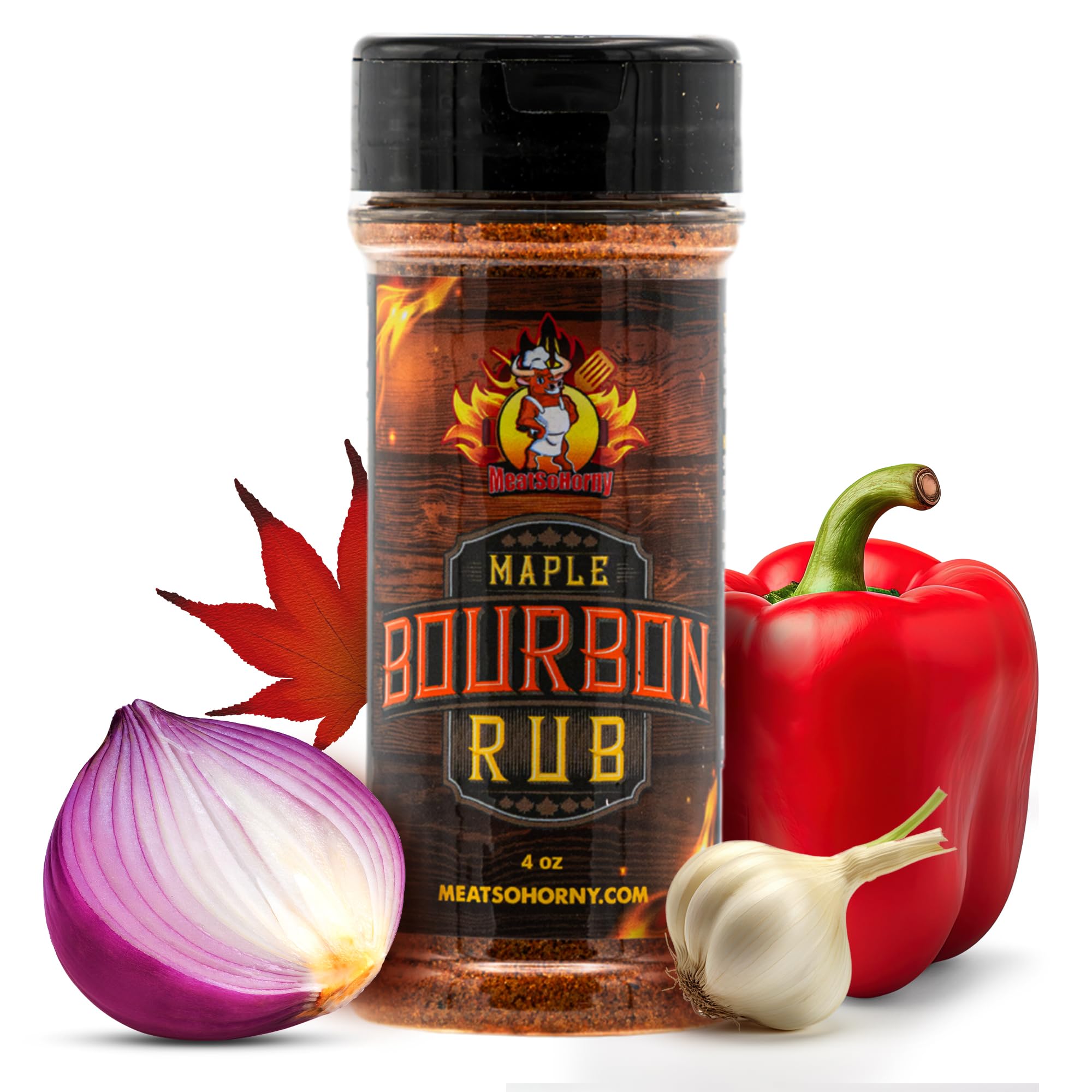 MeatSoHorny Maple Bourbon Rub Seasoning, No Added Gluten BBQ Spice Blend for Pork, Chicken, Steak, Beef, Turkey, Vegetables, Low Sugar, Natural, MSG Free Grilling and Cooking Dry Rub, 4 Oz