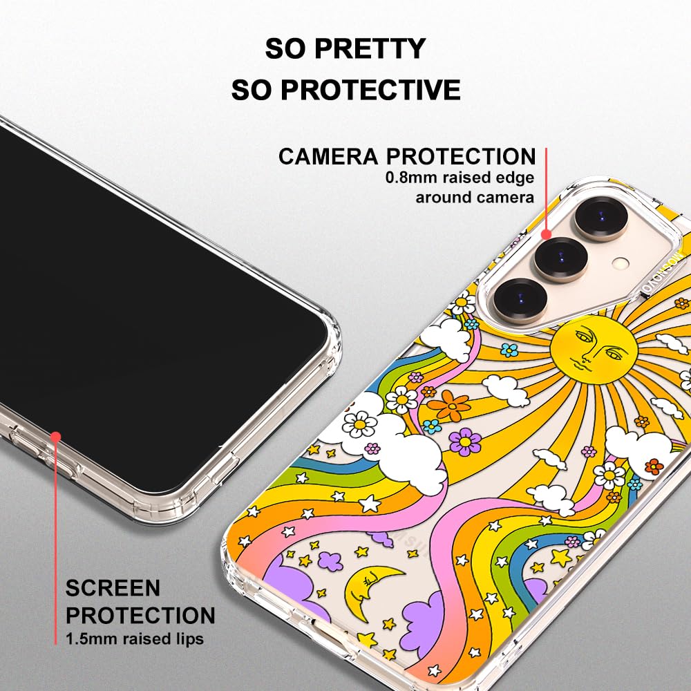 MOSNOVO Case for Samsung Galaxy S25 / Galaxy S24, [Buffertech 6.6ft Military-Grade Drop Protection] [Anti Peel Off Tech] Clear TPU Bumper Phone Case Cover Design - 70's Psychedelic Groovy Art - 4