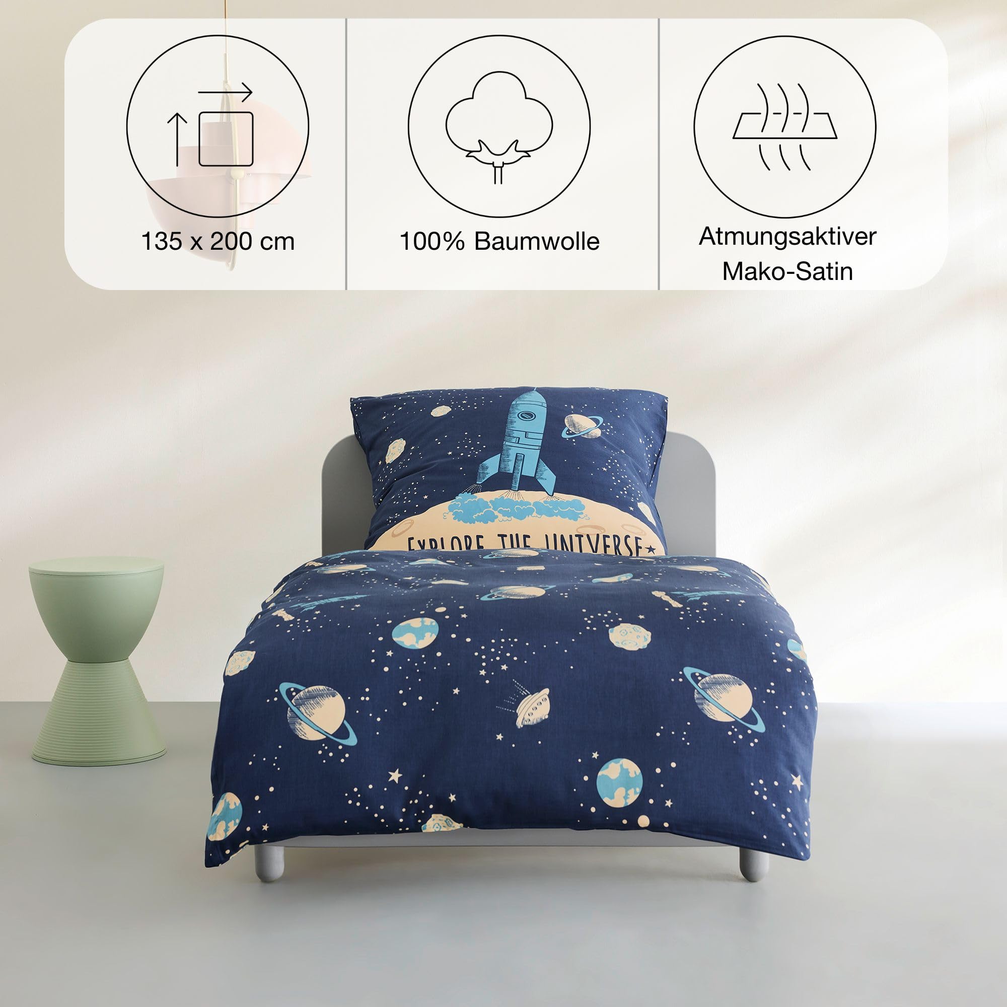 s.Oliver Biancheria da letto rocket 135 x 200 cm – Biancheria da letto per bambini in raso blu 100% cotone, astronauta e universo, 2 lenzuola per copripiumino 135 x 200 cm + federa 80 x 80 cm,
