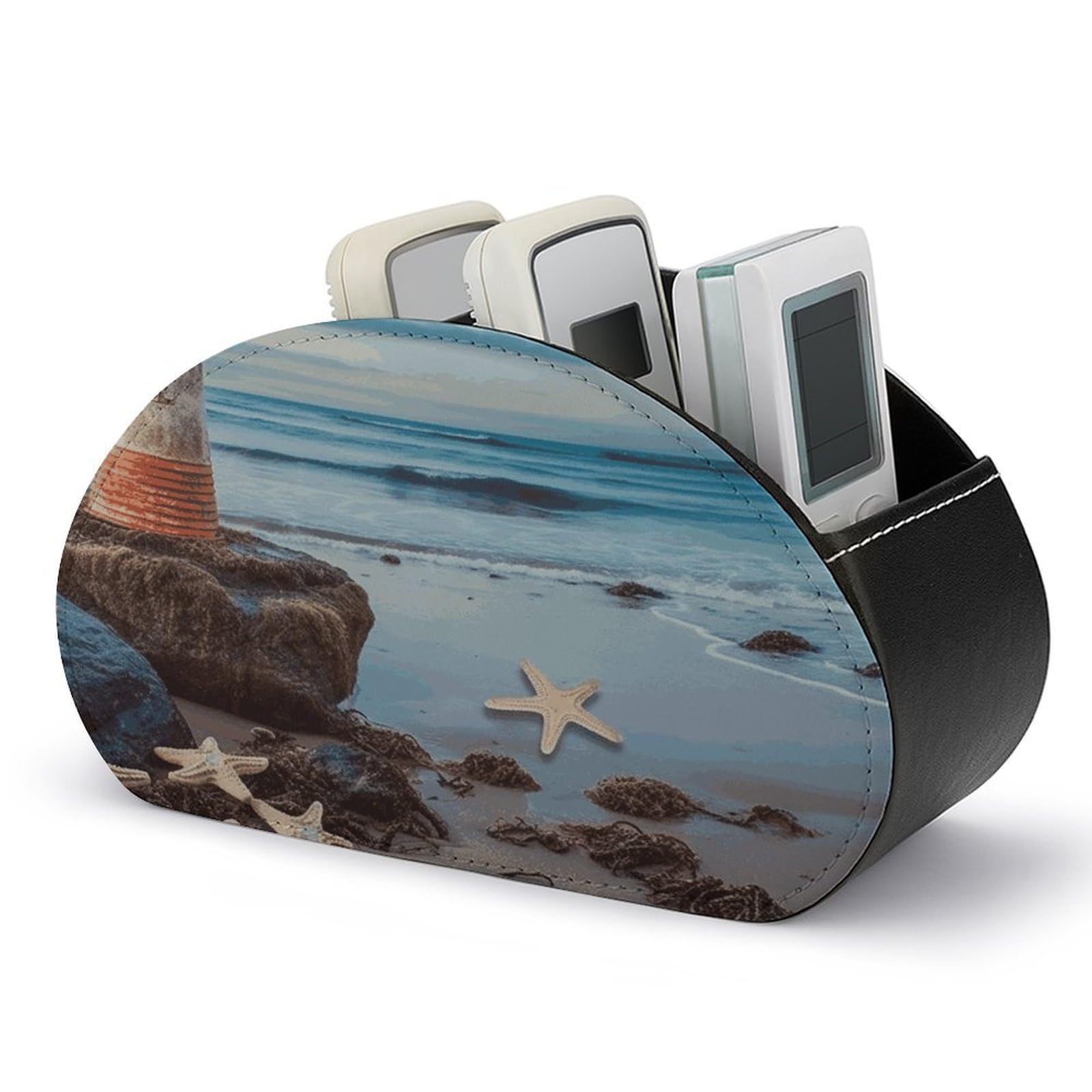 FekiLoot Starfish Lighthouse Beach TV Remote Control Holder with 5 Compartments Multi-functional Leather Bedside Table Remote Caddy Desktop Storage Box for Store Pen Controller Media Player Cosmetic