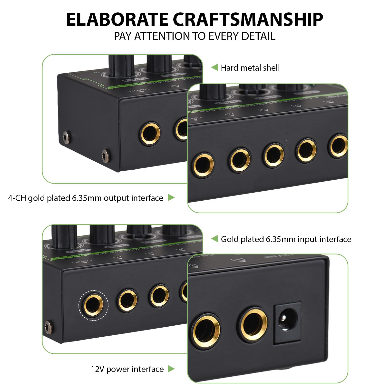 Btuty Amplificateur Pour Casque Stéréo à 4 Canaux Mini Amplificateur Audio avec Adaptateur D'alimentation DC 12 V Interface D'entrée/Sortie De 6,35 MM Splitter