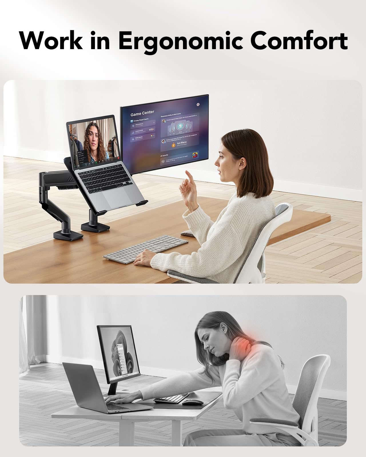 HUANUO Regulowany uchwyt na monitor od 13 do 34", uchwyt na laptopa do 17", może pomieścić od 2,2 do 9 kg, VESA 75 x 75 100 x 100, 2 opcje montażu