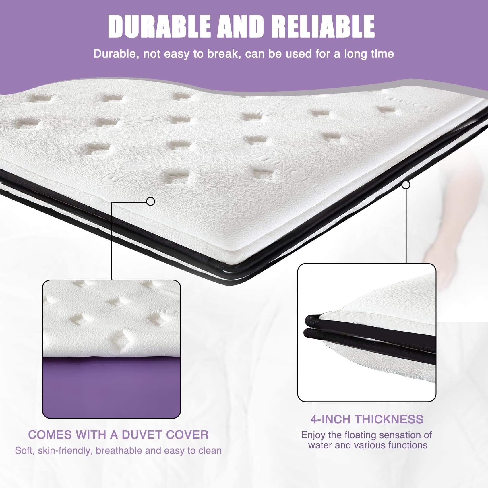 Softside materac wodny z PCW o grubości 10,5 cm z podgrzewaczem, rurą wodną i elektryczną pompą powietrza, składany materac na łóżko wodne, ergonomiczny kształt, łatwy w użyciu, bez
