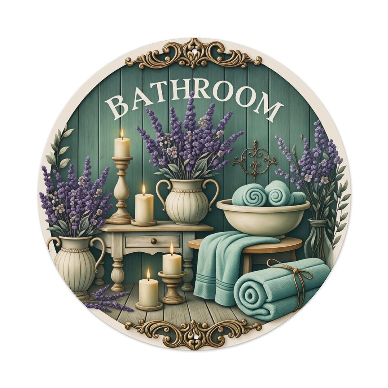 Bathroom Lavender Candles Towels Vases Round Tin Sign Vintage Metal Poster, Home Bar Garage Man Cave Cafe Indoor & Outdoor Wall Decoration 8x8Inches