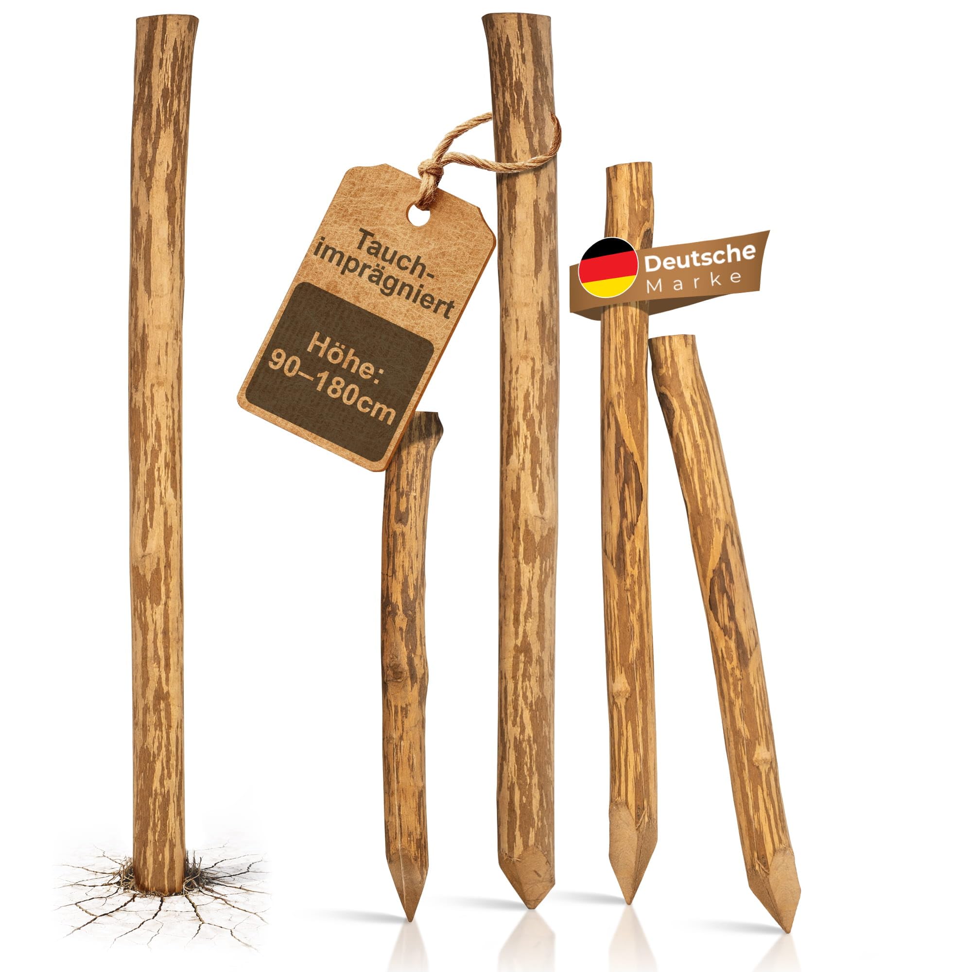 BooGardi Staketenzaun Pfosten imprägniert · Holzpfosten rund in 5 Größen · 5x Holzpfahl 180 cm lang · Zaunpfosten Holz · Holzpfähle für Holzzaun · Zaunpfähle, Pfosten, Wildzaun