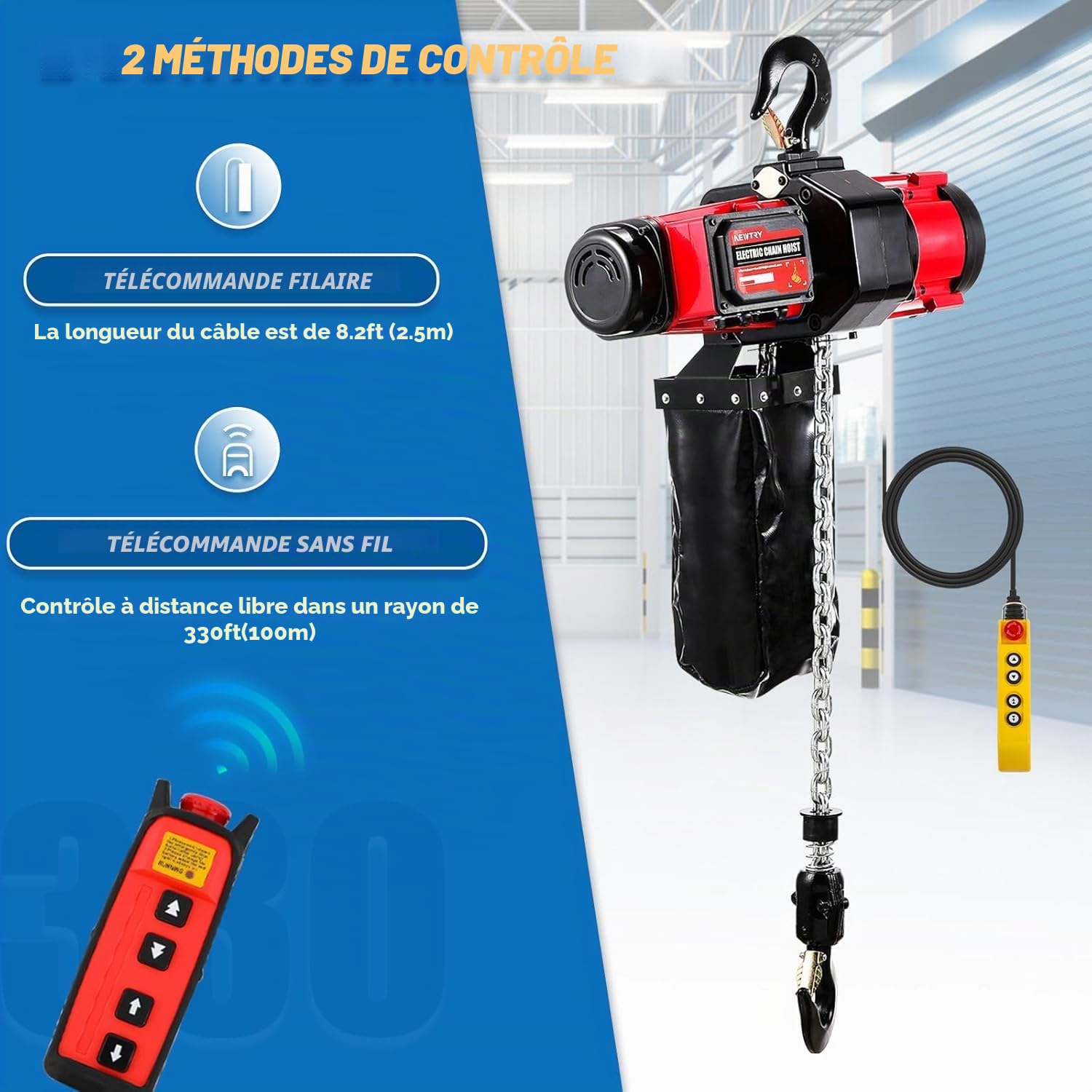 NEWTRY Palan électrique à chaîne 2500 W, 1000 kg, 2 vitesses, 4 m/min et 6,8 m/min, moteur sans balai, contrôle sans fil et filaire, hauteur de levage G80 3 m