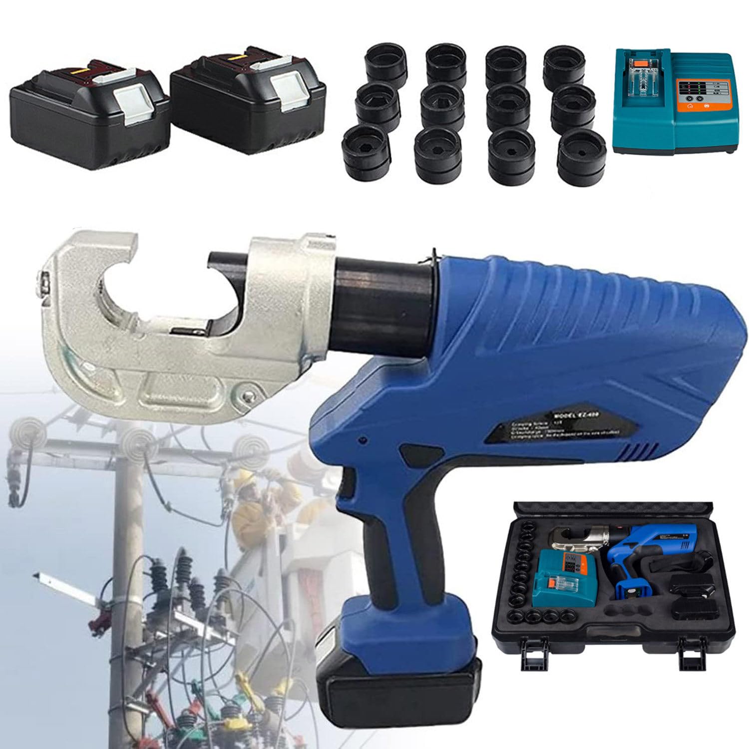 Profesjonalny 16-400mm² elektryczno-hydrauliczne szczypce do zaciskania, zaciskarka hydrauliczna zasilana bateryjnie, z 13 parami matryc, zaciski elektryczne zestawy kabli i drutu