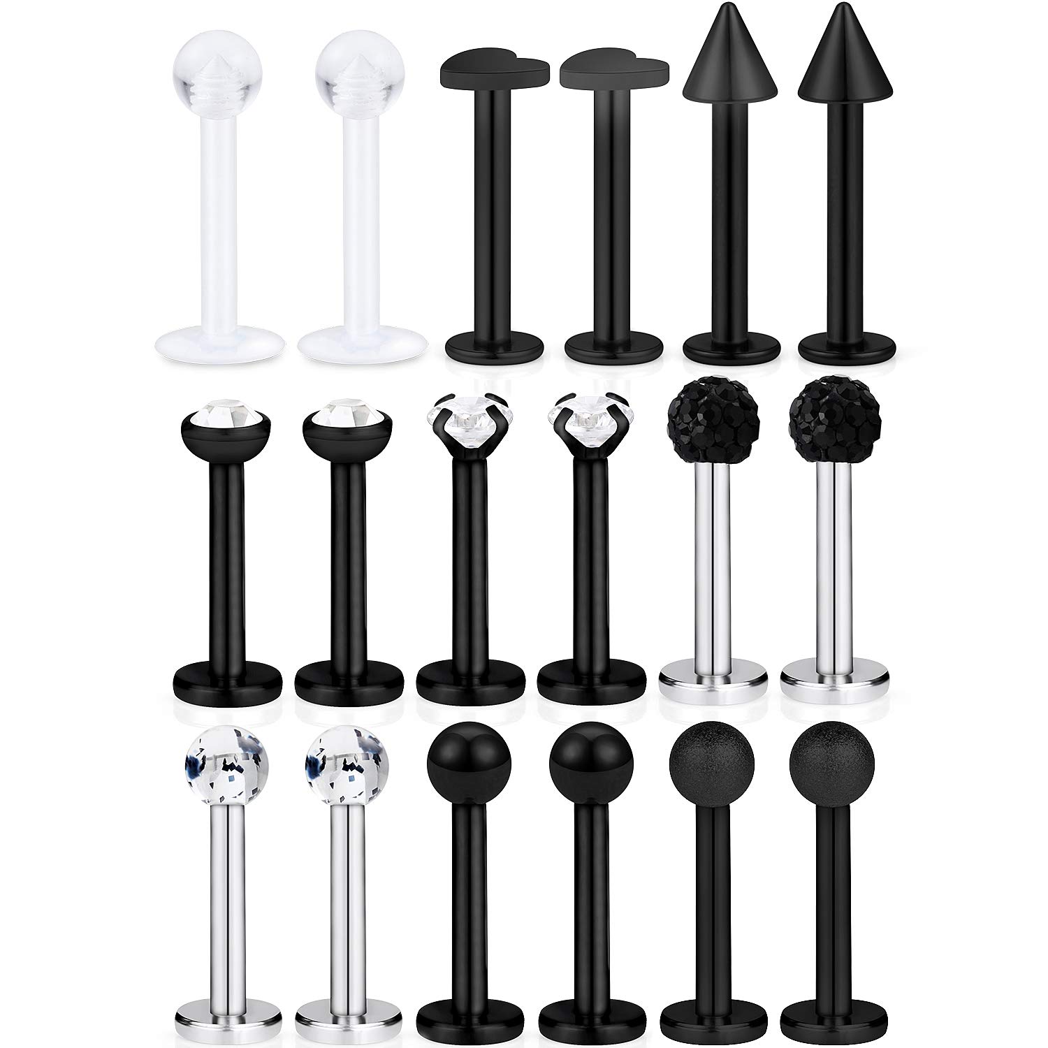 SCERRING9 Pairs 16g Stainless Steel Clear Cubic Zirconia Labret Monroe Lip Tragus Cartilage Helix Earring Ring Body Piercing Jewelry 8mm