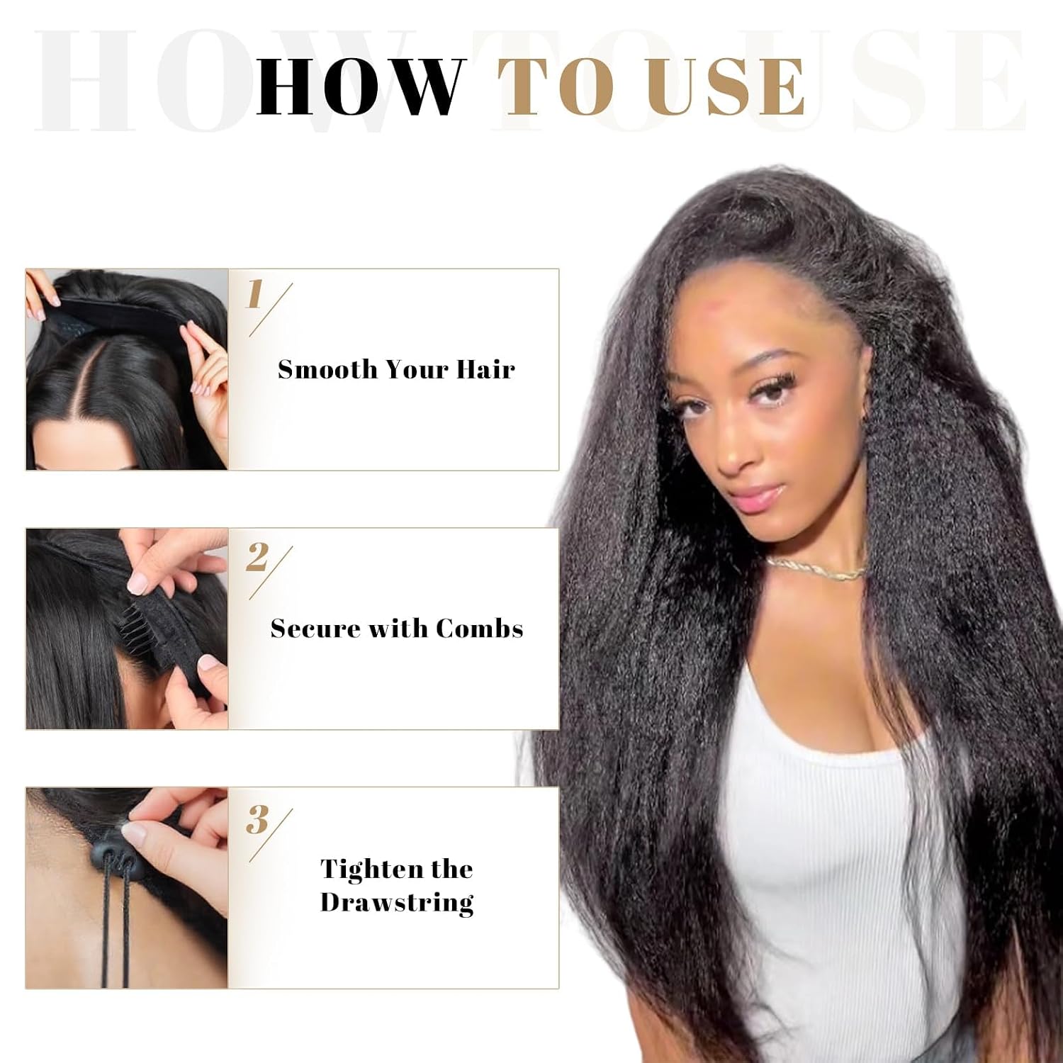 Kinky Straight Half Wig for Women, 3 in 1 Yaki Drawstring Glueless Synthetic Wig, No Lace Wear and Go Wig, Beginner Friendly Ready to Wear Wigs for Black Women as Human Hair (Black 2, 22 Inch)