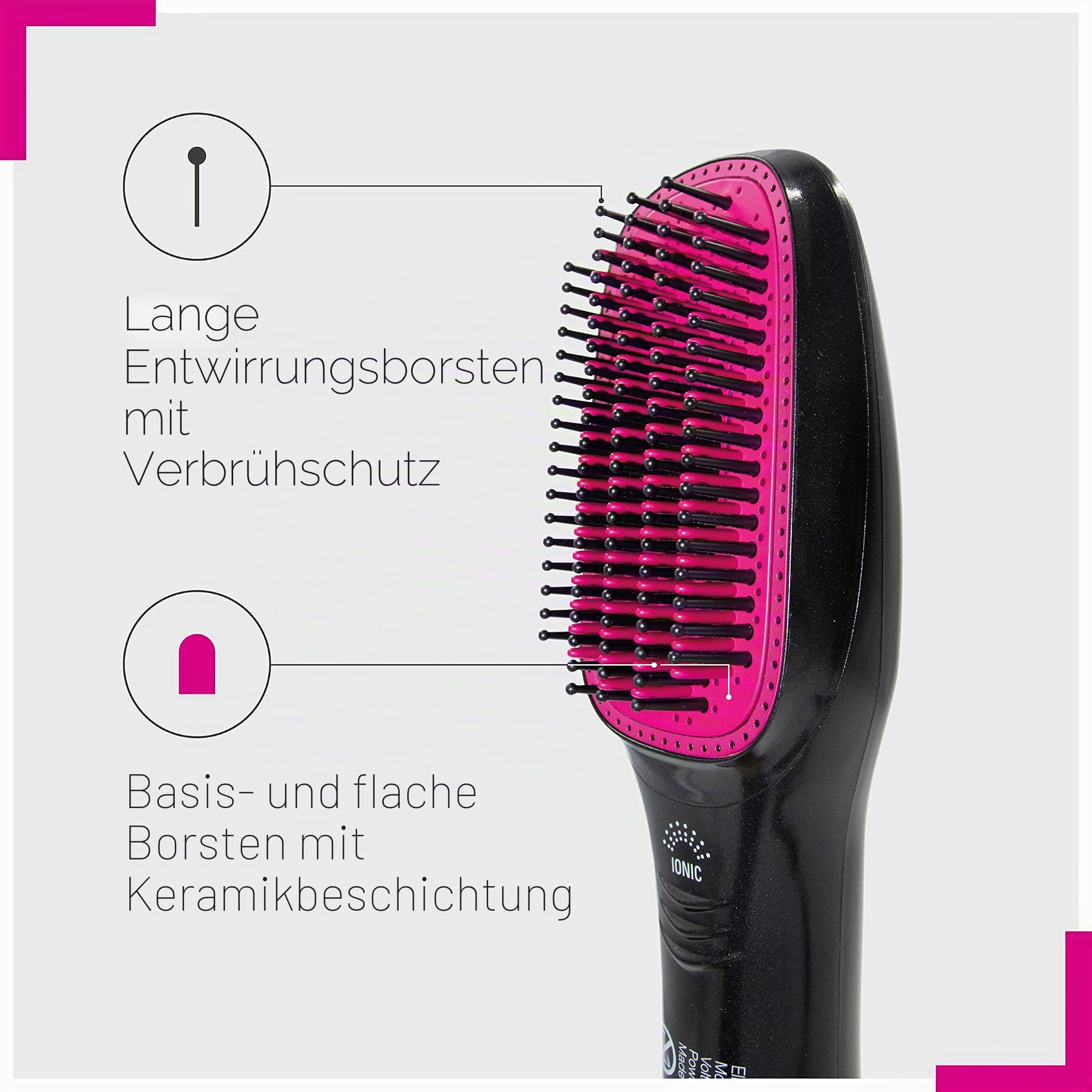 ELISON Elektrische Glättbürste, Warmluftbürste, Ionikbürste, 2 Typen von Zähnen, einstellbare Temperatur, mit Etui, Schwarz-Fuchsia