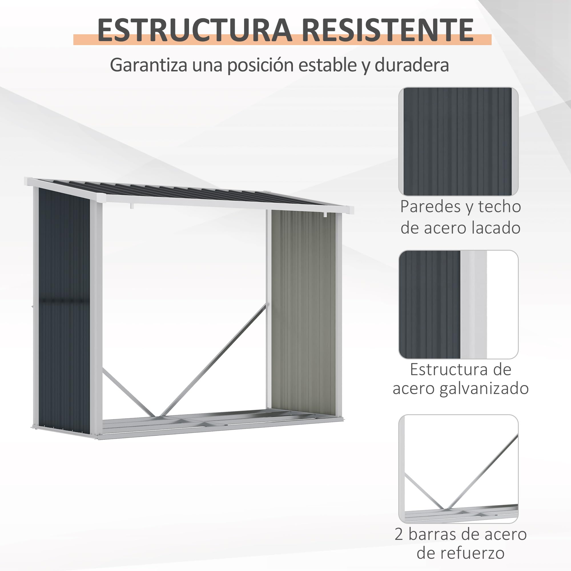Outsunny Casetilla para Leña Acero Galvanizado 185x84x133,5/148,5 cm Gris