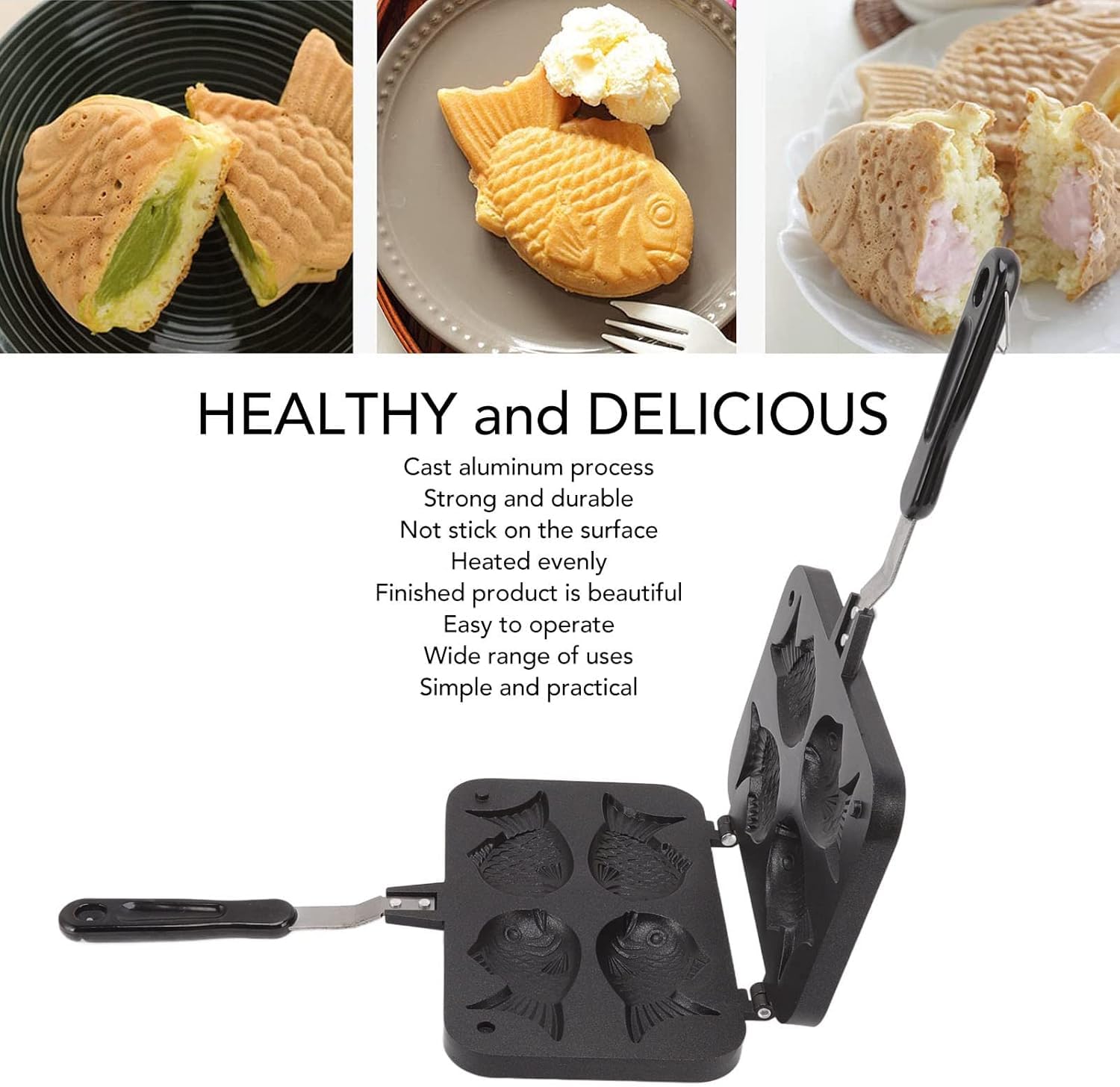 Teglia Antiaderente A Forma di Pesce Taiyaki, Stampo Doppio per Waffle per Pancake E Pane, Manico Ergonomico per Una Facile Preparazione Casalinga.