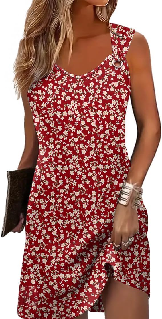 Yandino Summer Dresses for Women Sleeveless Casual Sundresses Loose Beach Cover Ups Trendy Tank Midi Sun Dress