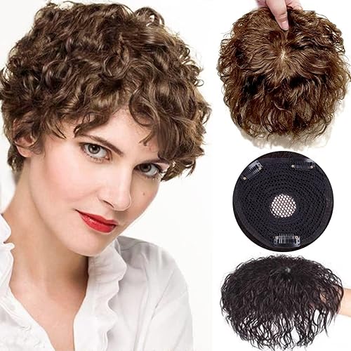 Miniatura 8 de AiUree Toppers de cabello humano ondulado corto de 7 pulgadas con clip en la parte superior para mujer, 4.7 x 4.7 pulgadas, base de silicona, peluca