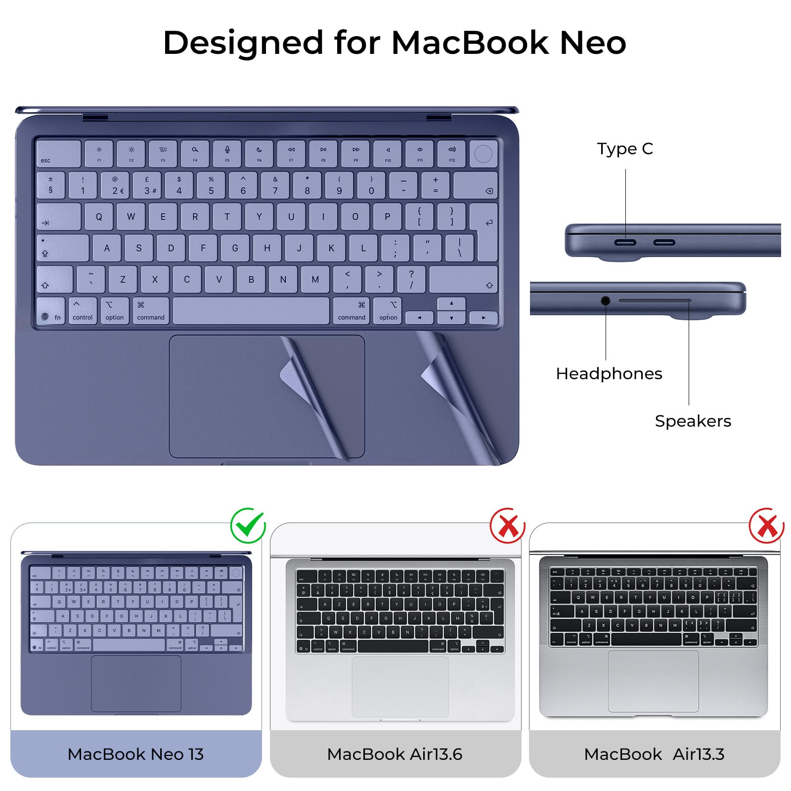 EooCoo Ultrafino Protector de Teclado Compatible con MacBook Neo de 13 Pulgadas (2026), Chip A3404 A18 Pro [Color Oficial 100% Idéntico], Diseño EU con Reposamanos y Protector de Trackpad - Índigo