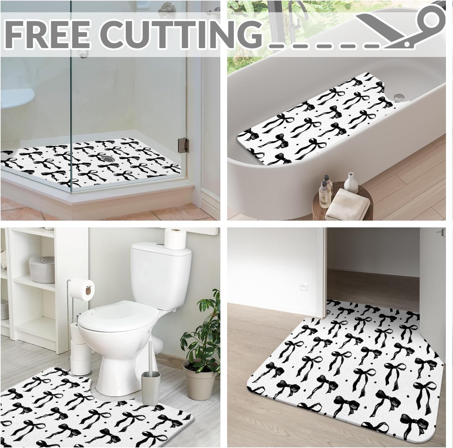 Cute Cartoon Black Bowknot Theme Bathroom Rugs Bath Mat Shower Non Slip Absorbent Washable Bath Mat for Kitchen/Front Door/Living Home 24x24in