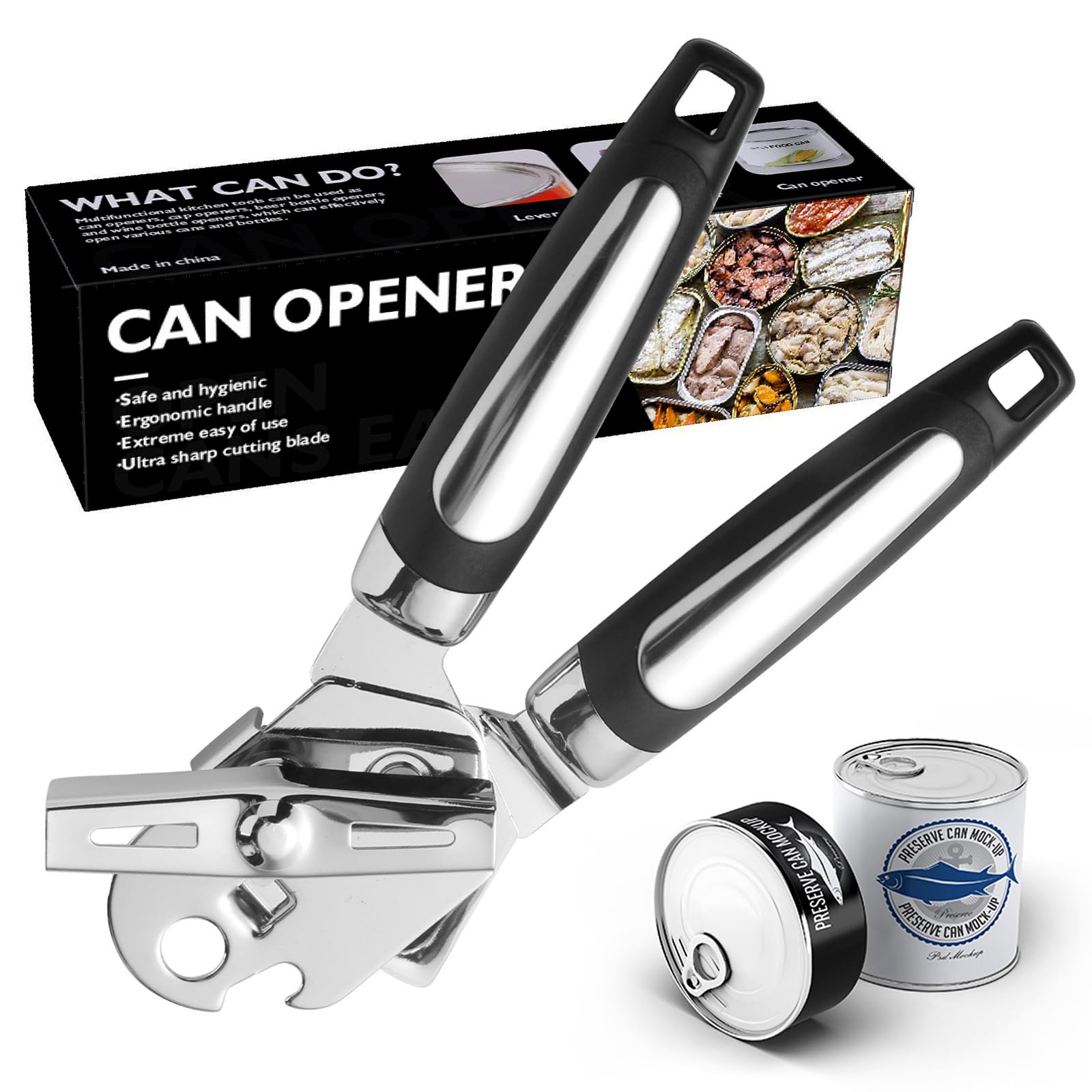 Zurligi Manual Can Opener, Heavy Duty Stainless Steel Smooth Edge Manual Hand Held Can Opener, Rust Proof Oversized Handheld Easy Turn Knob, Bottle Openers, Kitchen Tools