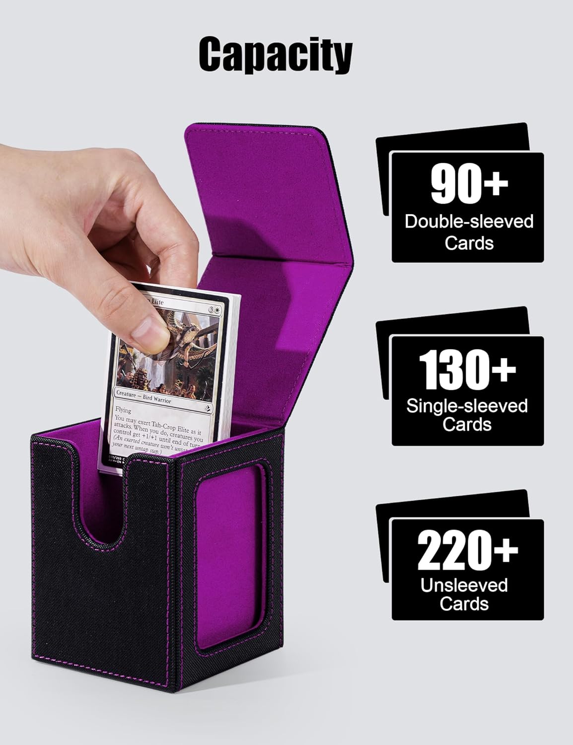 Card Deck Box with MTG Commander Display, Deck Case Holds 100+ Double-Sleeved Cards, Trading Card Storage Box Fits TCG/PTCG/Sports Card（Black&Purple）