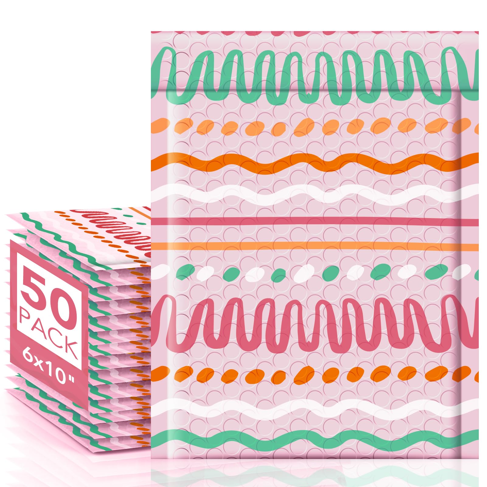 Metronic Bubble Mailers 6x10" 50 Pack Usable Size 6x9, Self Seal Padded Envelopes for Small Business, Waterproof Bubble Envelopes for Mailing, Packaging, Shipping Supplies Color Ribbon