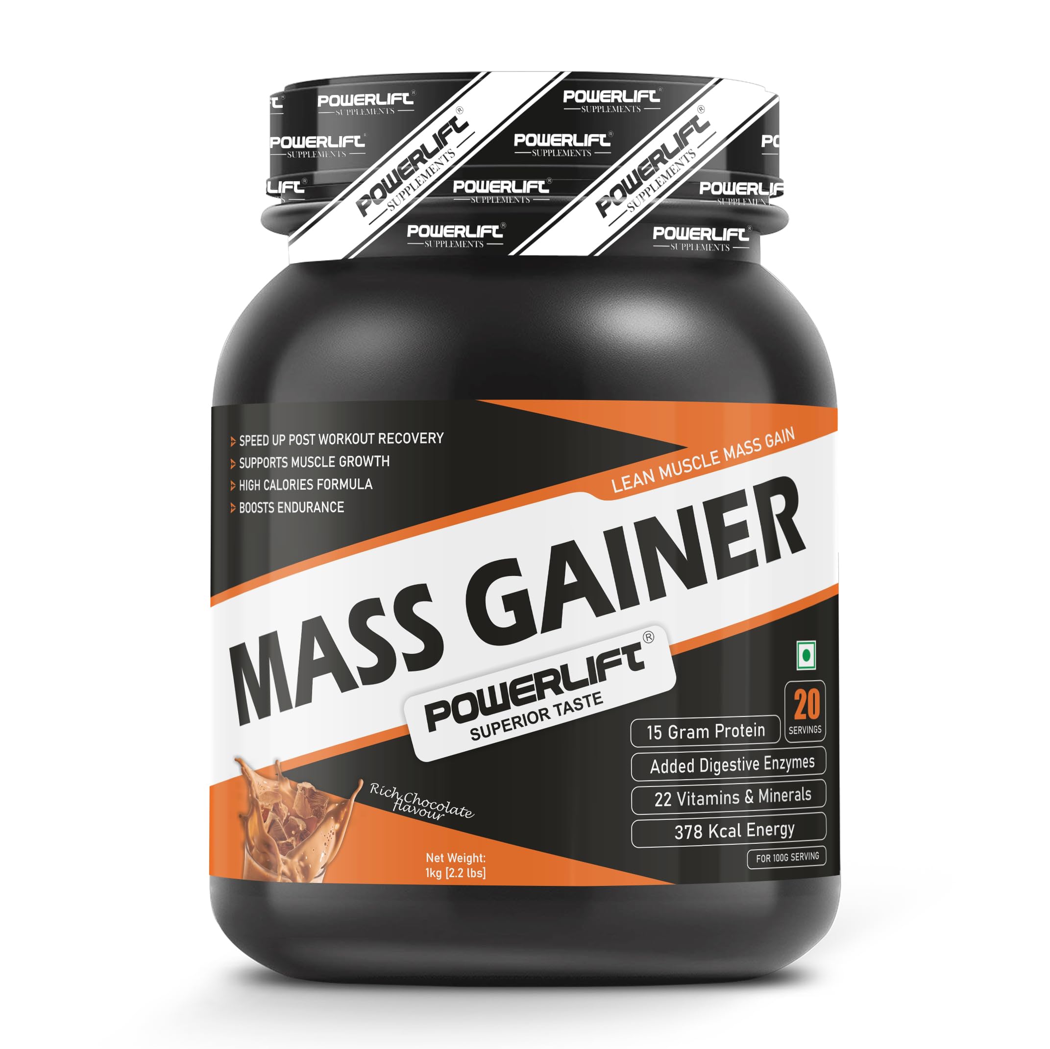 PowerLift Muscle Mass Gainers Protein Powder (1kg, Rich Chocolate) High Protein Gainer For Muscles Gain|With Digezyme Blend, added Multivitamins & Minerals, 1 count, 20 Servings