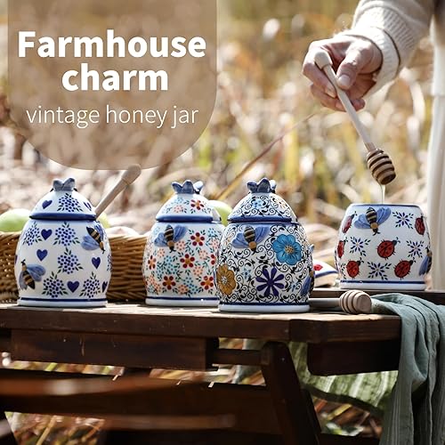 Miniatura 5 de ZOOBEE Tarros de Miel Cerámicos con Cuchara y Tapa Estilo Granja, Tarro de Miel de 10oz con Cuchara, Tarros de Miel Pintados a Mano con Abejas,