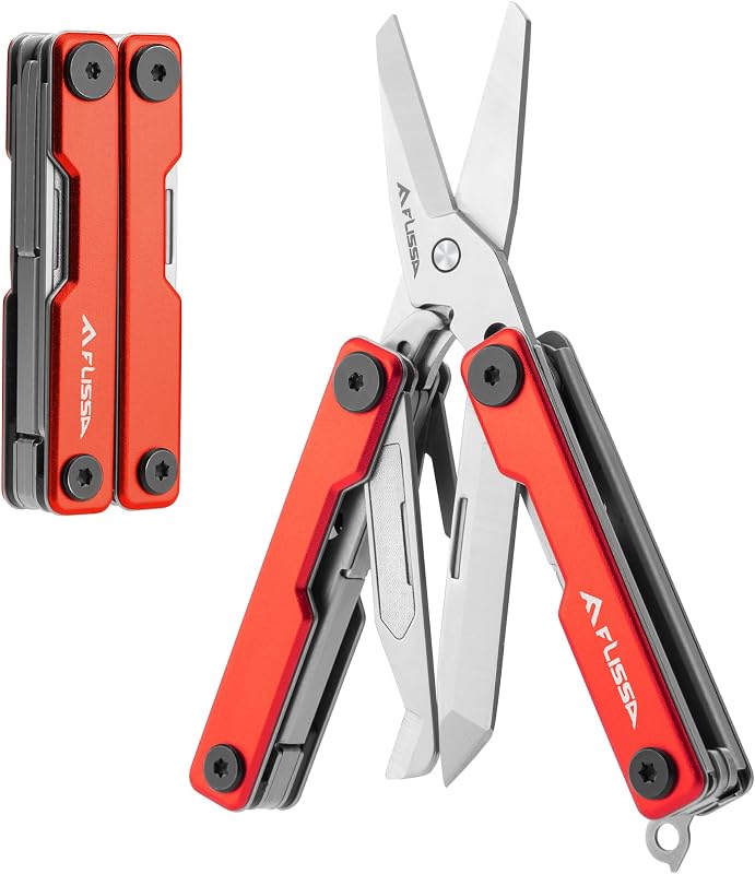 Tijeras multiherramienta FLISSA, navaja de bolsillo multiherramienta de acero inoxidable 11 en 1 | Mini multiherramienta con abridor de botellas, destornillador, mangos de aluminio, resorte - EDC para exteriores, camping, senderismo, pesca, rojo