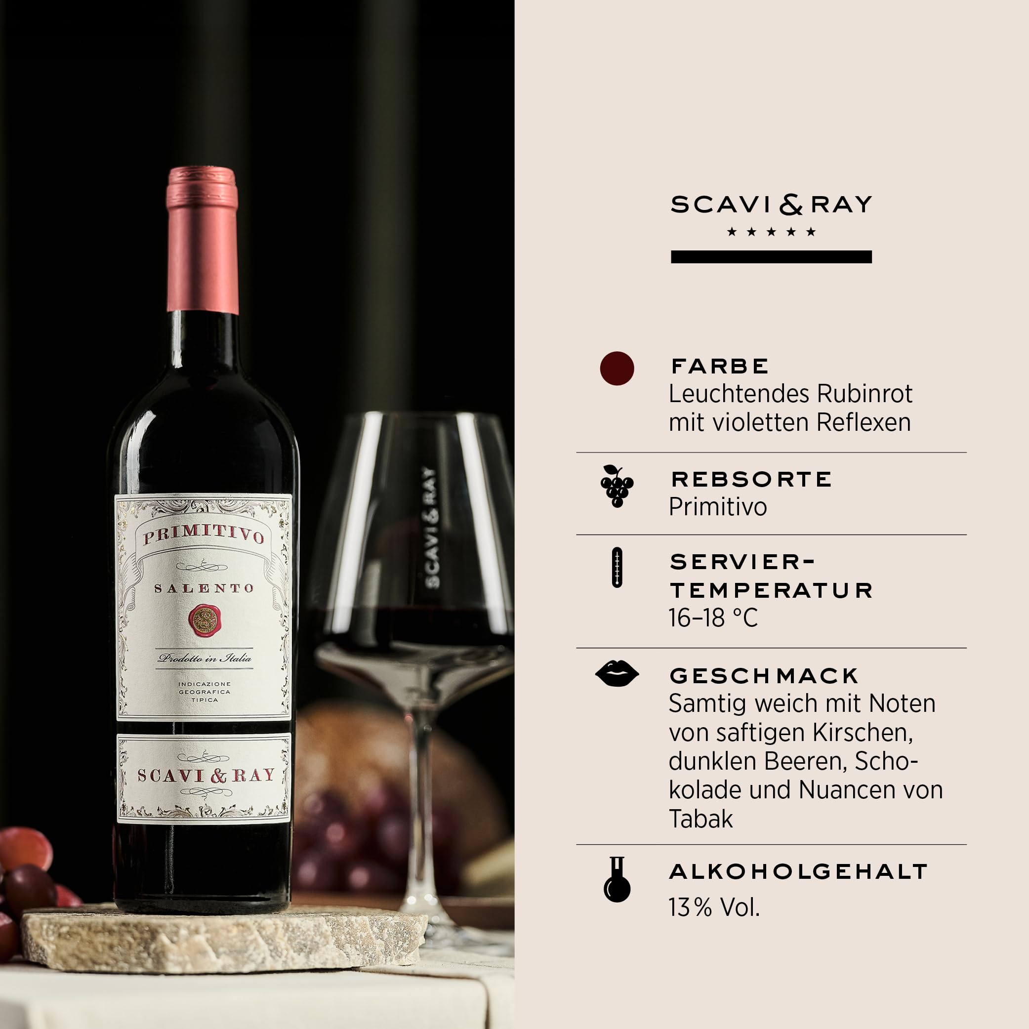 SCAVI & RAY Primitivo Salento IGT Rotwein 13% Vol. - halbtrocken, 6x0,75l | Samtig-weiche Cuvée aus Apulien in Italien, halbtrocken, ideal zu italienischen Gerichten, Gegrilltem und für Genießer