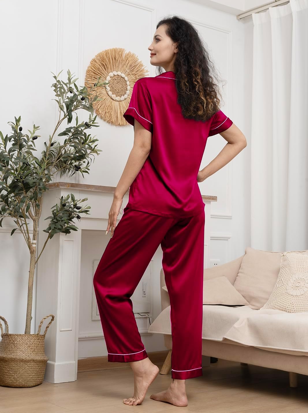 Womens Pajamas Set XS-3XL Floral Silk Satin Pajama Sets Silky Pj Sets 2Pcs Loungewear Sleepwear Button Down Pjs - Image 2