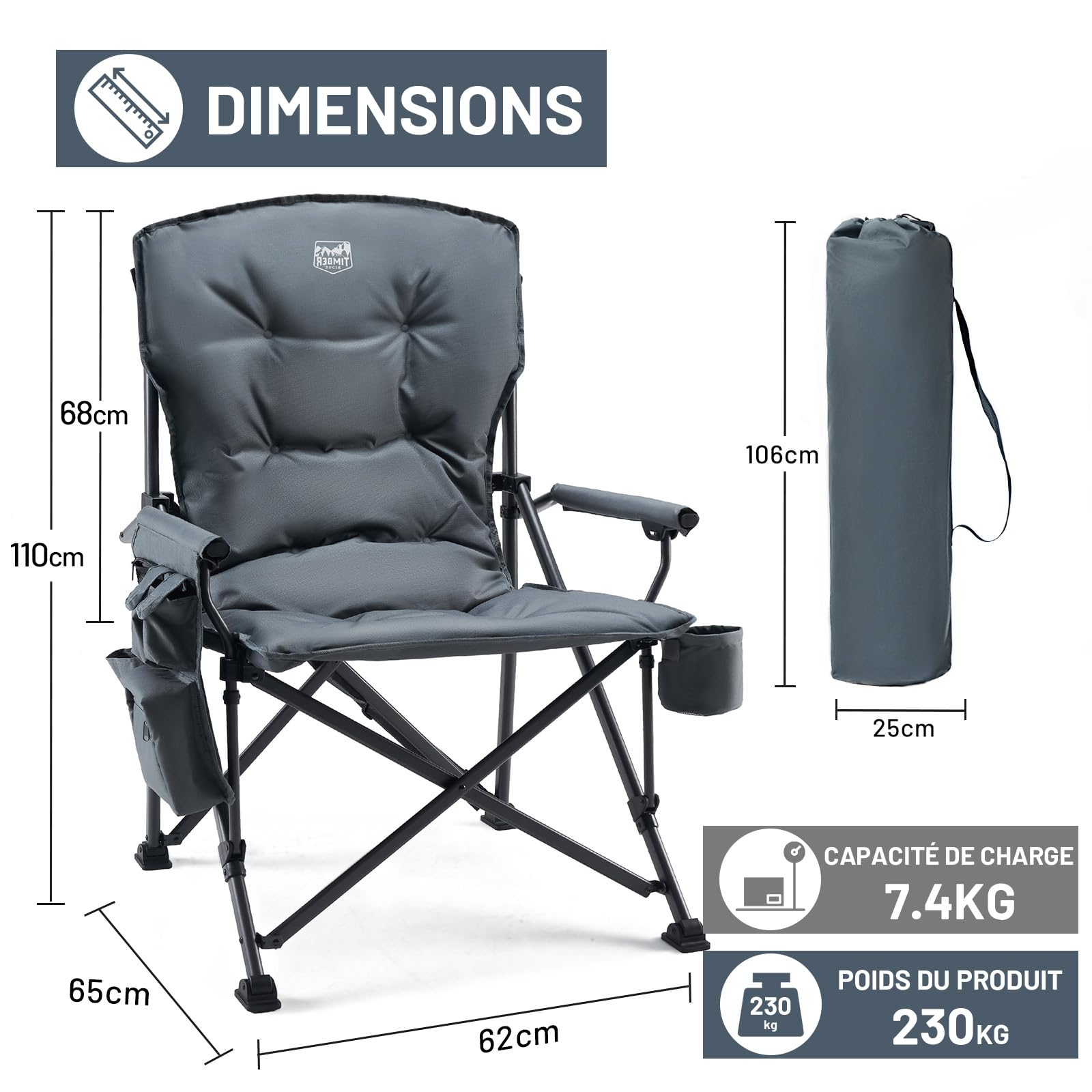 TIMBER RIDGE Chaise de Camping Pliable Rembourrée Siège Large Charge 230kg | Fauteuil pliant rembourrage 4cm, siège extra-large de 62cm, dossier haut de 68cm, charge 230kg, avec sac de transport