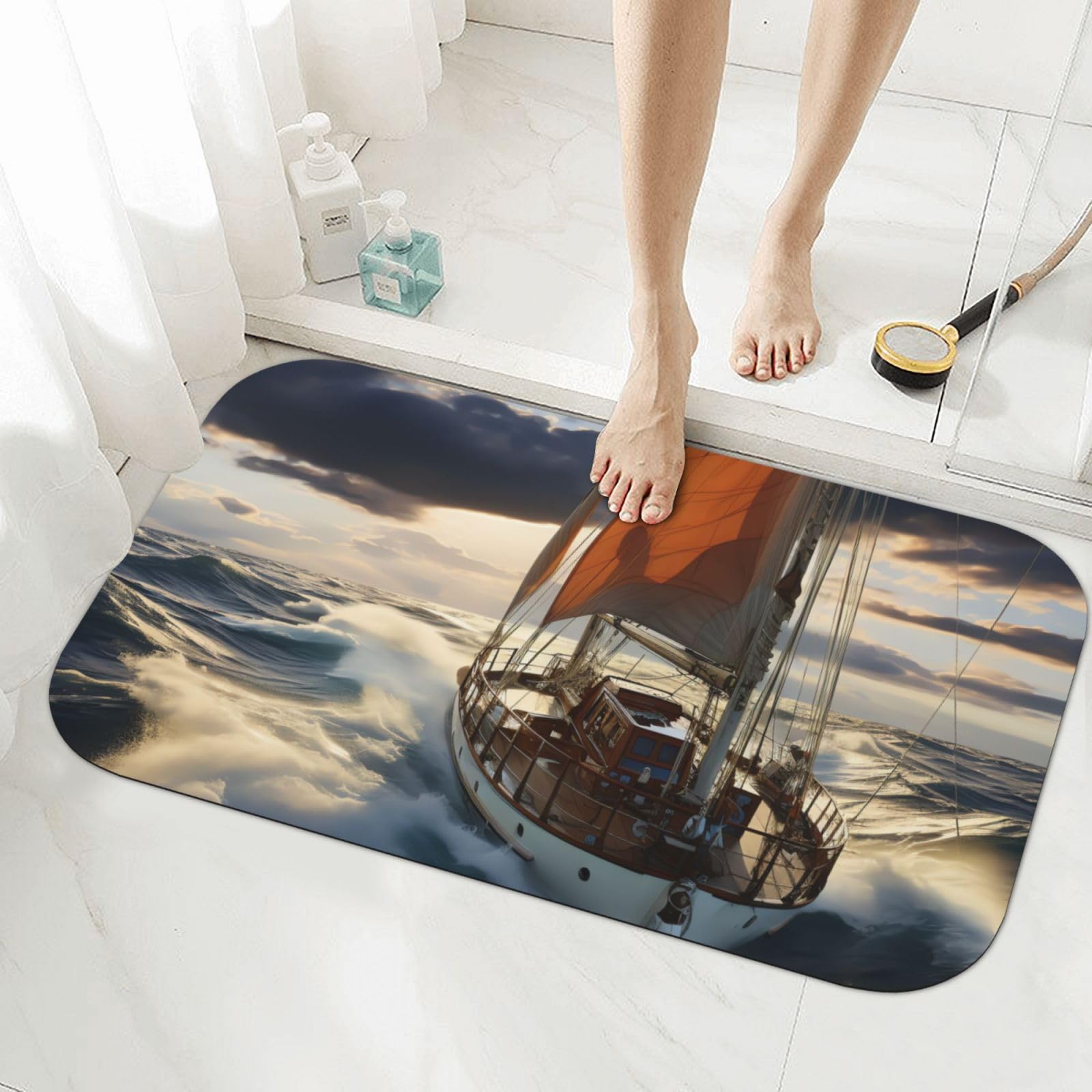 Tapis de bain en pierre de diatomée 50x80 cm motif voilier pour douche