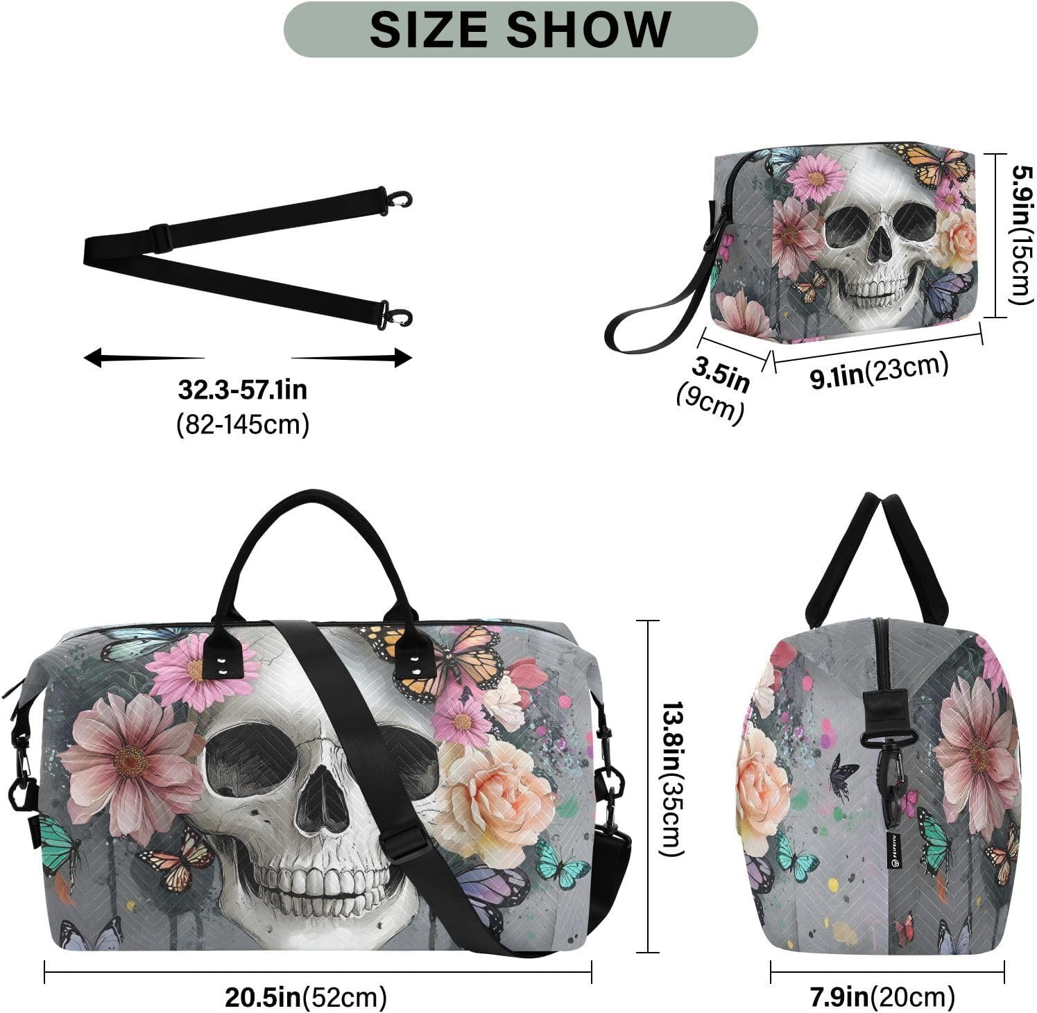 Skull Colorful Floral Travel Duffel Bag Gym Bag Sports Tote Bag with Multiple Interior Pockets Shoulder Weekender Bag for Women Men with Toiletry Bag 20.5”x 7.9”x 13.8”
