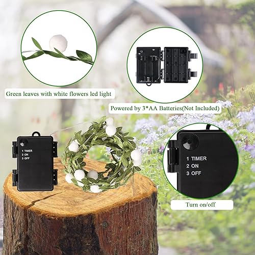 Miniatura 2 de Vigdur Paquete de 2 guirnaldas de luces de hiedra con guirnalda de hojas verdes con bayas blancas alimentadas por batería para interiores