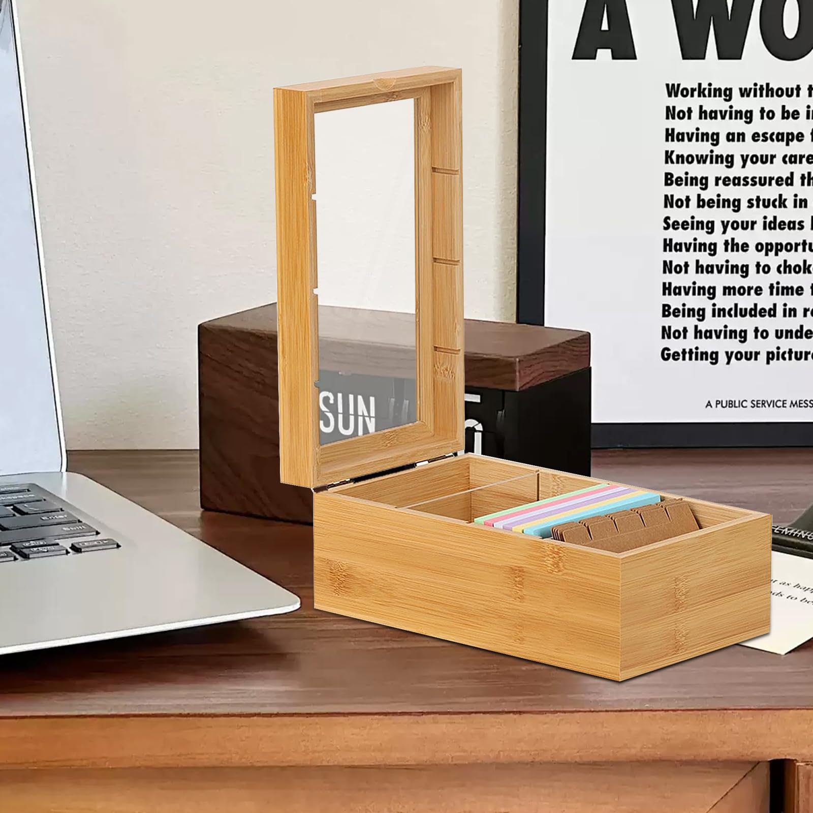 Karteikarten Box,25,4x14,9x10cm,Karteikasten Holz mit Transparent Deckel,Box für Karte,Vookabelbox Lernkarteibox,Vookabelkarten,Karteikartenbox für Büro Schulen Heim (Karteikarten nicht im Enthalten)