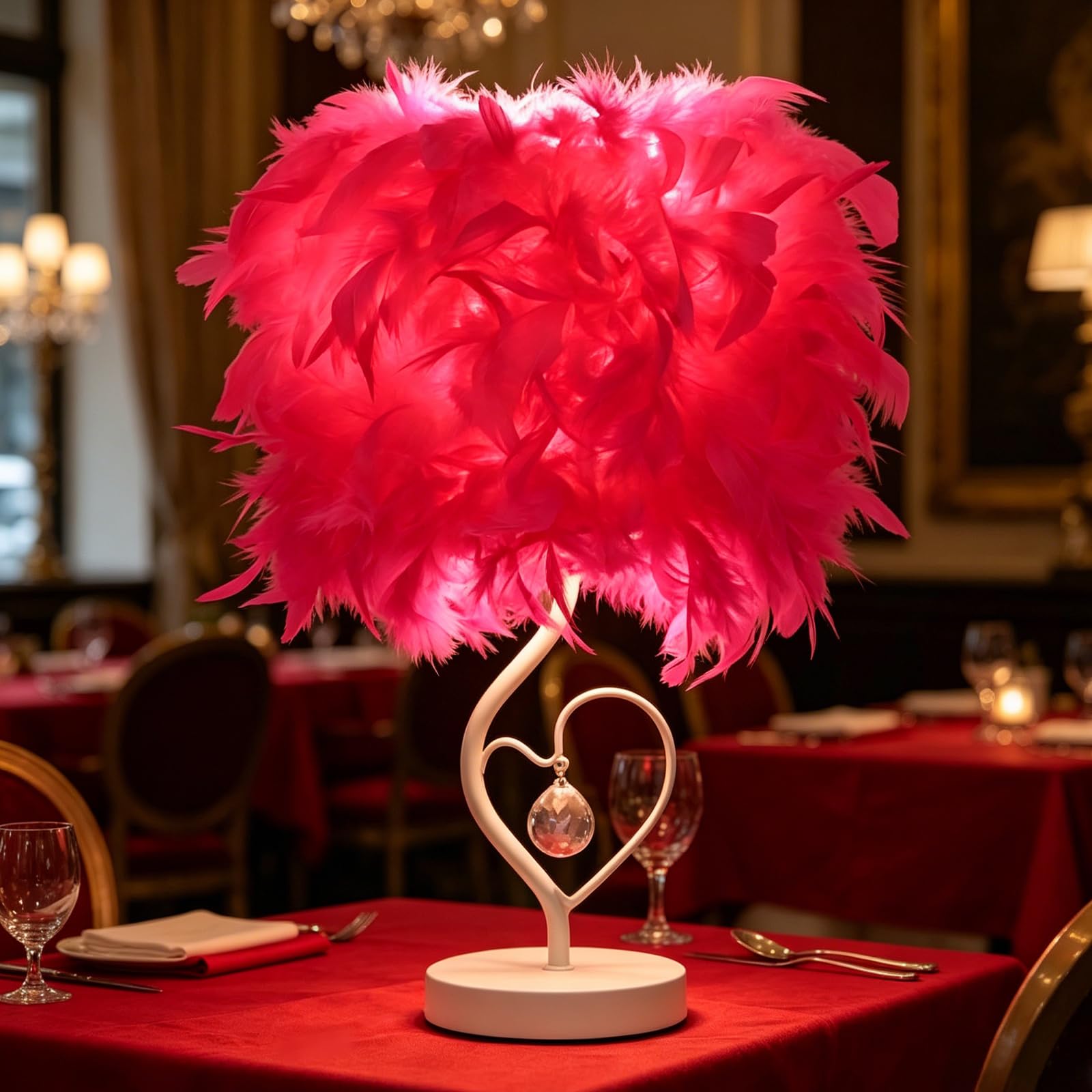 Warm White Feather Table Lamp LED Modern Fuchsia Feather Lamp USB Operated Dimmable Desk Light with Crystal Pendant for Living Room Dining Room Photo Studio Balcony Valentines Day Christmas Decor