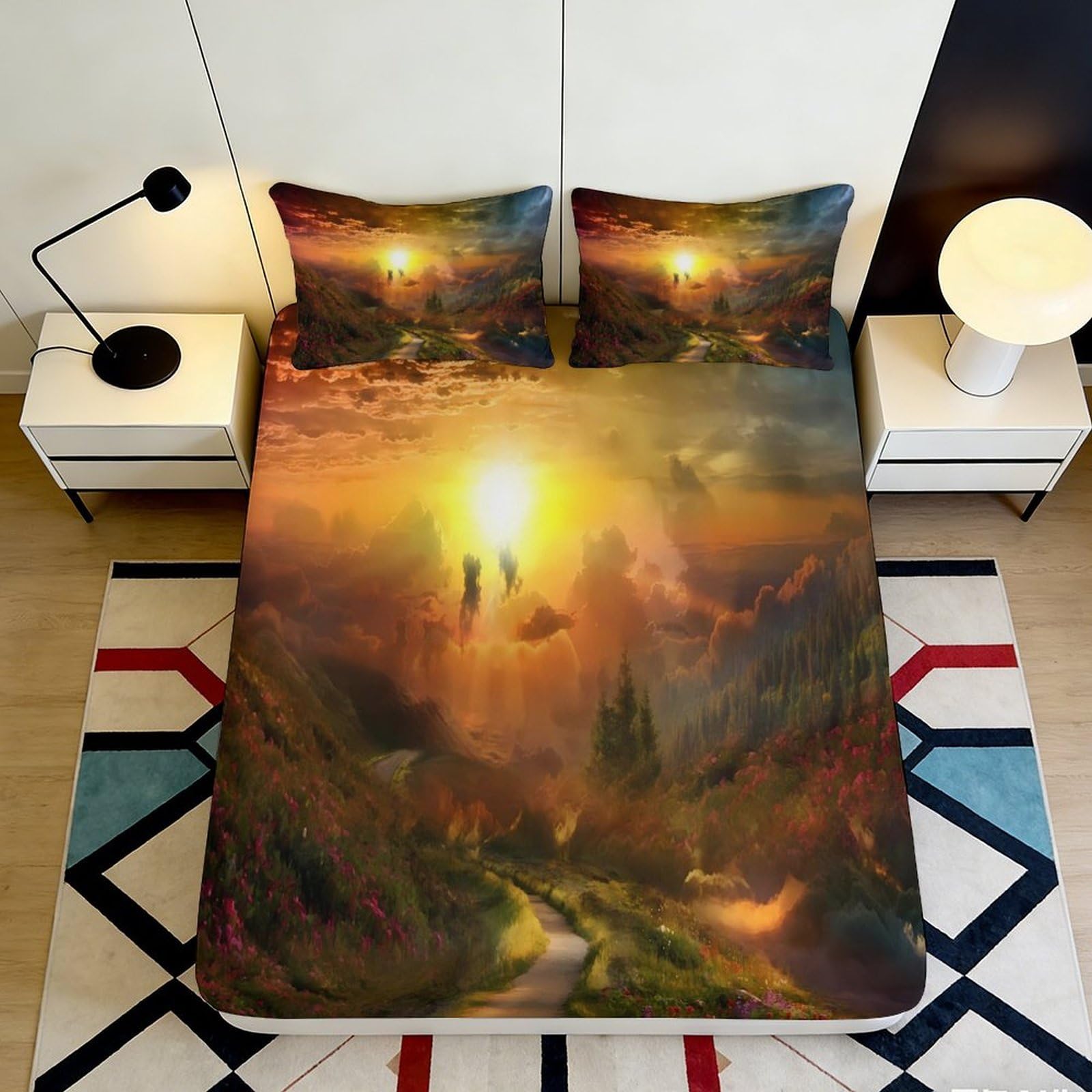 3D Printed Sunset Landscape Fitted Sheet Microfiber Soft Breathable Golden Sky Bed Cover for Bedroom Dormitory Guest Room Mattress Protection Decor 180x200x25cm
