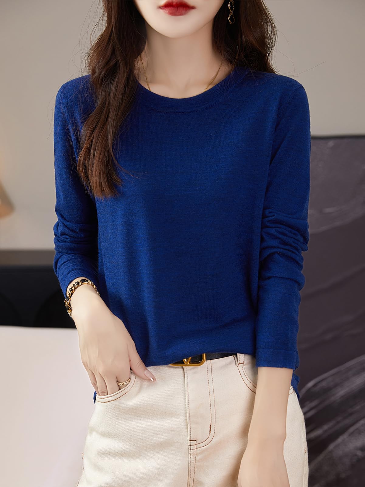 Chanyarn Mujer 100% Lana Merino Camisetas Cuello Redondo Manga Larga para Viajes Senderismo Camiseta suéter
