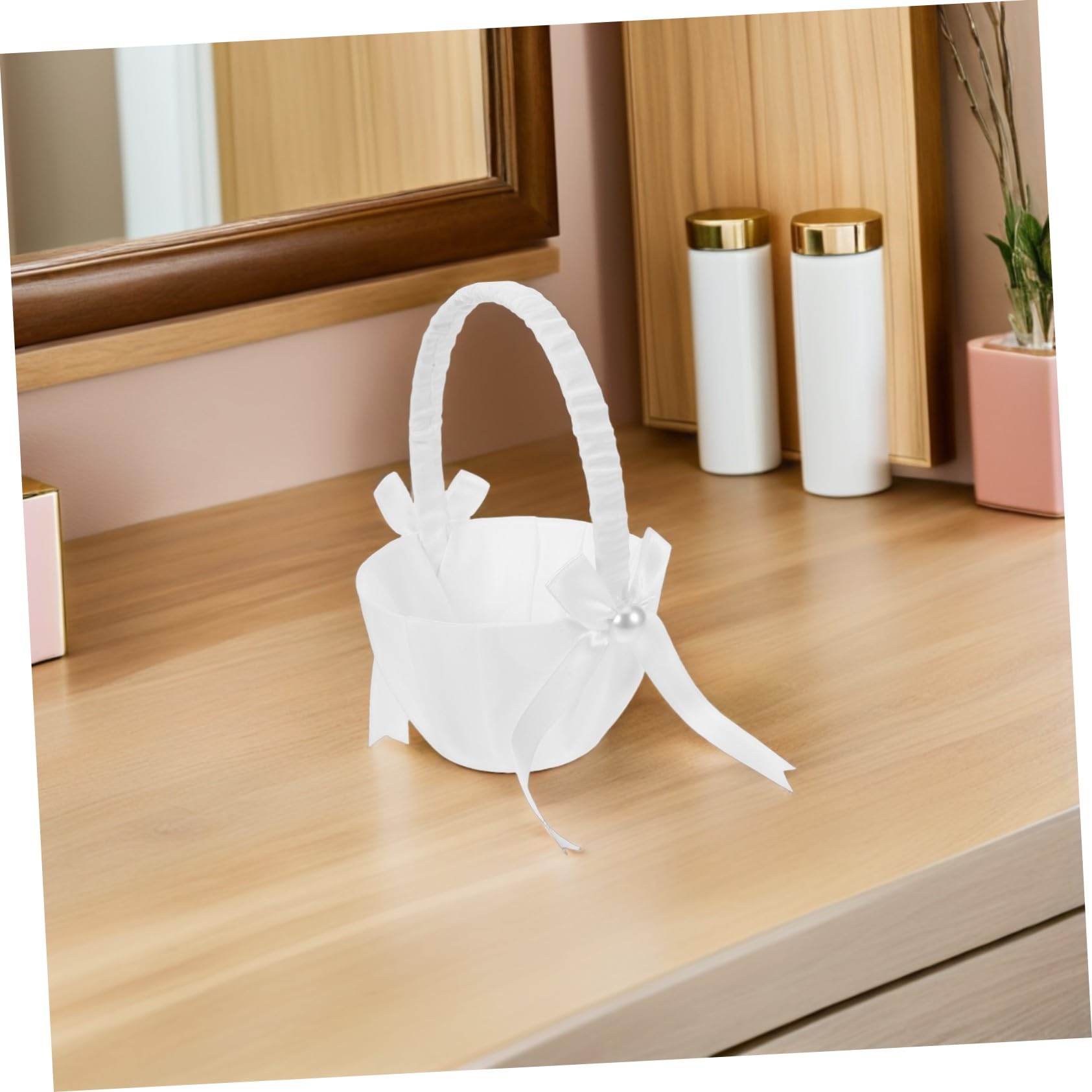 Weißer Blumenmädchenkorb aus Satin mit Perlen, Hochzeit | Schleife, Sicherer Griff, für Blüten oder Sträuße, 4 Stück, Dekorativ für Zeremonien