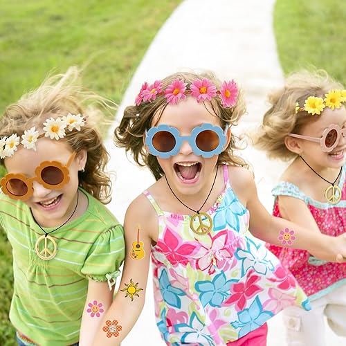 Miniatura 4 de Whaline 77 piezas de accesorios de fiesta hippie groovy, diademas de flores de margarita, gafas redondas de flores hippie, collar con signo de paz,