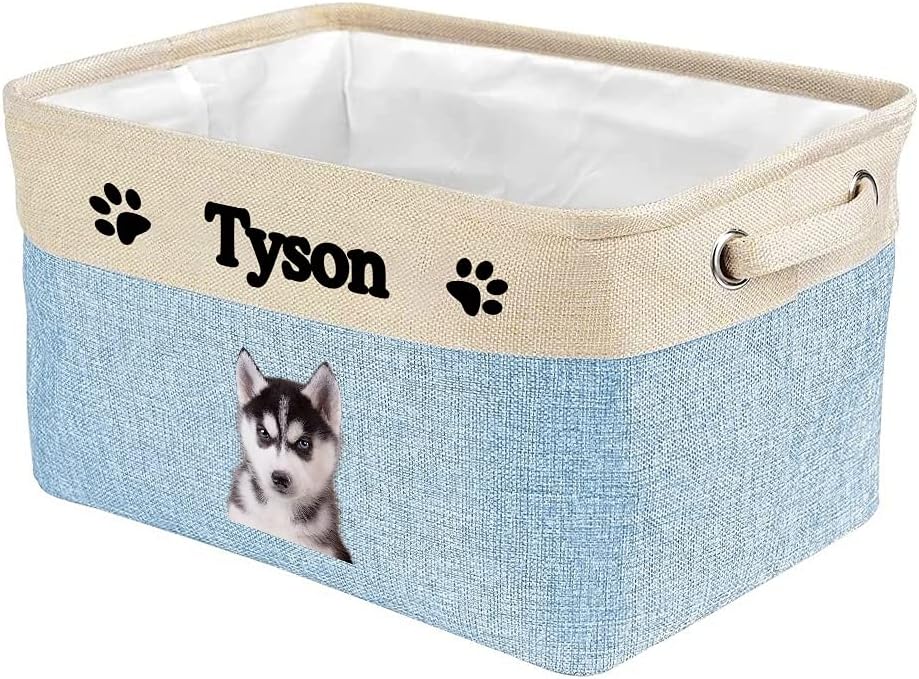 Personalized Fabric Dog Toy Storage Basket with Funny Dog Husky Collapsible Sturdy Fabric Pet Toys Storage Bin Cube with Handles for Organizing, Blue amd White