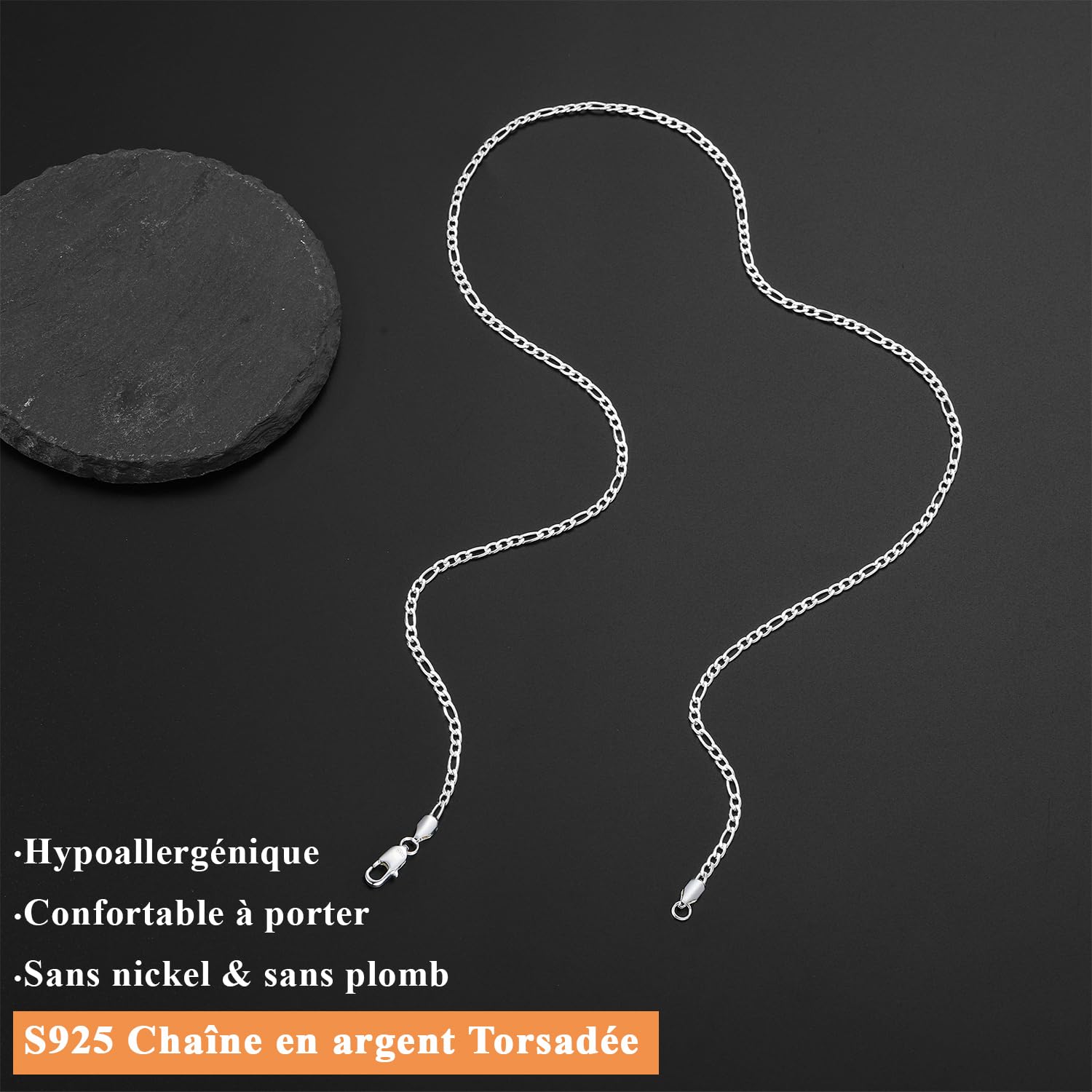 Esrael Chaîne Figaro Pour Homme en Argent Sterling Chaîne en Argent Largeur 3/5mm Taille 41/45/50/55/60cm Cadeau de Noël,Bijoux