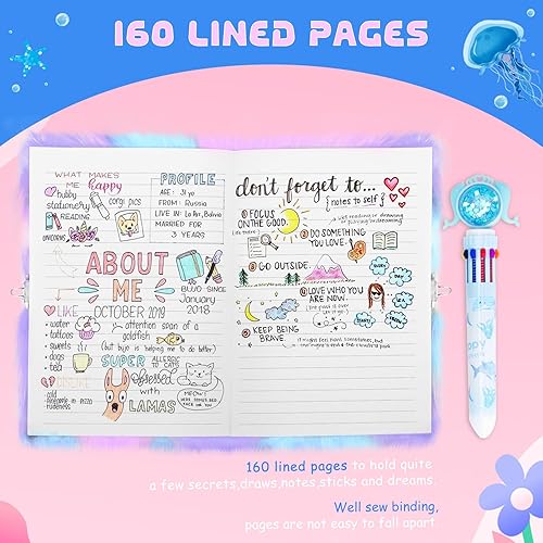 Miniatura 5 de homicozy Diario de sirena para niñas con cerradura y llaves, diario mullido de teñido anudado para niños con 160 páginas rayadas, cuaderno secreto