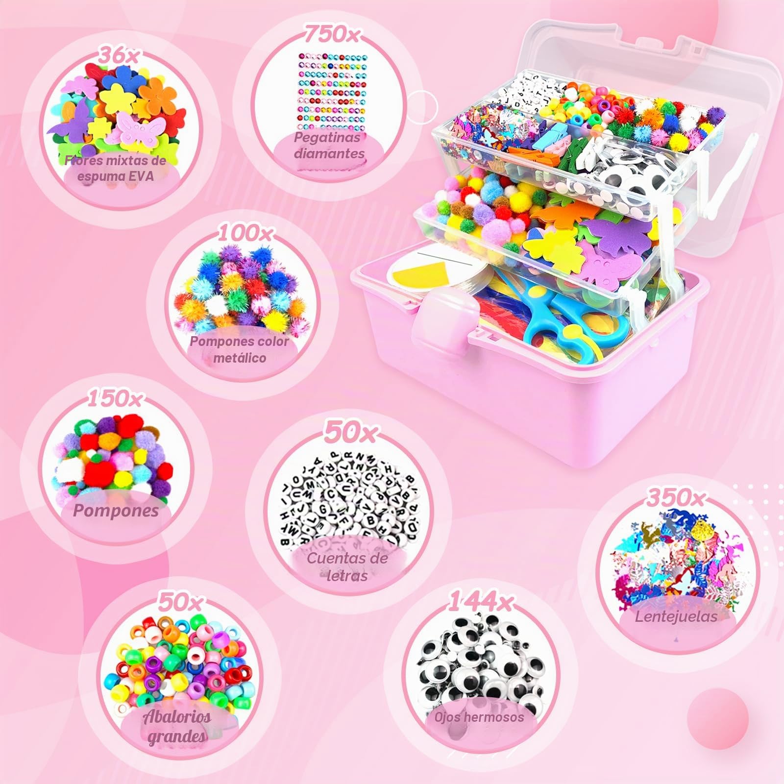 BNUZEIYI Manualidades Niños Caja de Manualidades de 3 Capas con Limpiapipas DIY Creativo Arts Crafts Supplies Material Escolar Juguetes Regalos Niñas Niños 4-8, 8-12 Años, Rosa